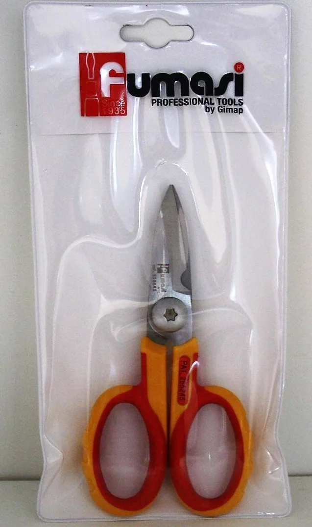 230845.0 Tijeras electricista de acero vanadio con cuchillas rectas microdentadas, rojo/amarillo/acero, 145 mm