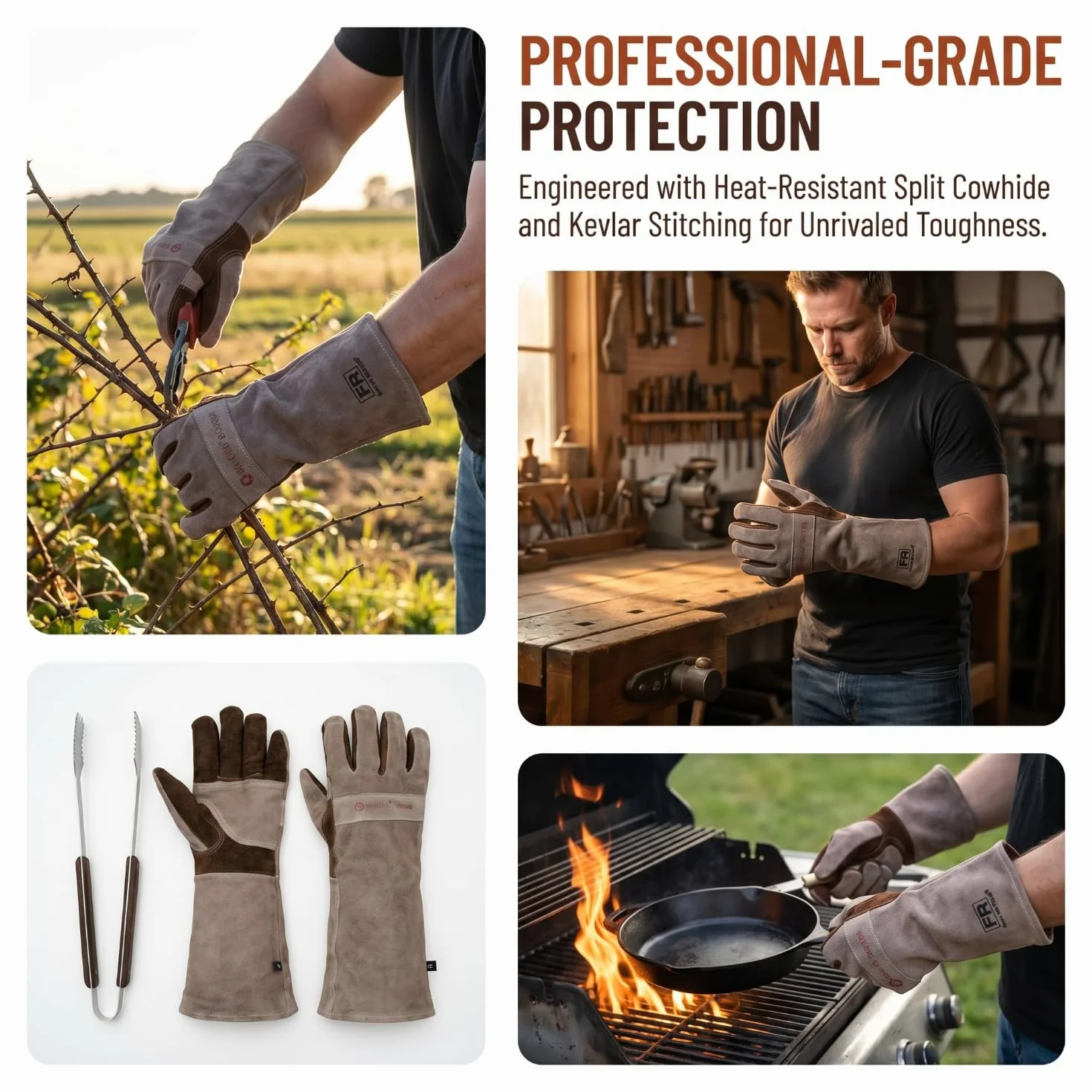 Guantes de soldadura de cuero vacuno para barbacoa, guantes de manga larga ignífugos y resistentes al calor para barbacoa, lucha contra incendios, chimenea, horno, horno, estufa, soporte para