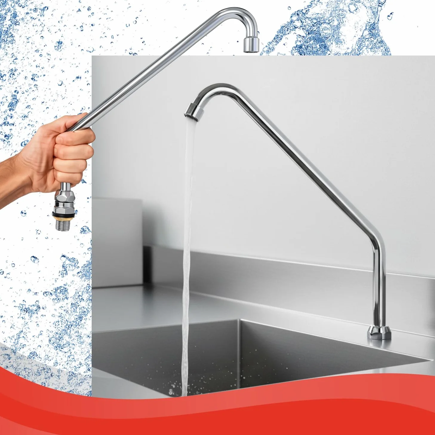 Caño alto Giratorio con Aireador para Grifo de pedal de cocina industrial Cuello de Cisne Cromado Acero Inoxidable