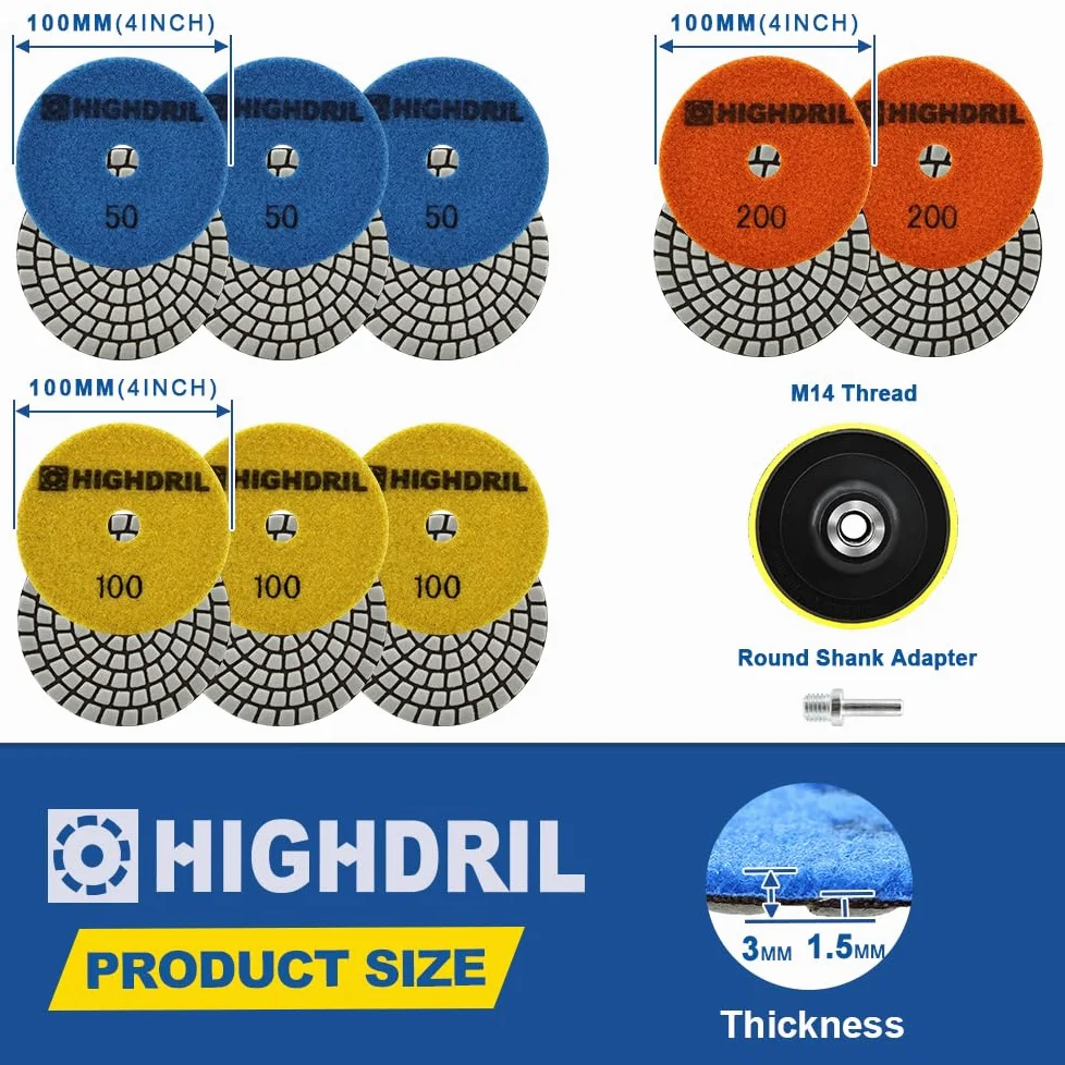 HIGHDRIL Disco Pulido Diamante Set - 8 Piezas 100mm Grano #50x3/100x3/200x2 Almohadilla Pulir Suelo + M14 Soporte Plástico + Adaptador para Abrillantar Mármol Granito Hormigón Piedra