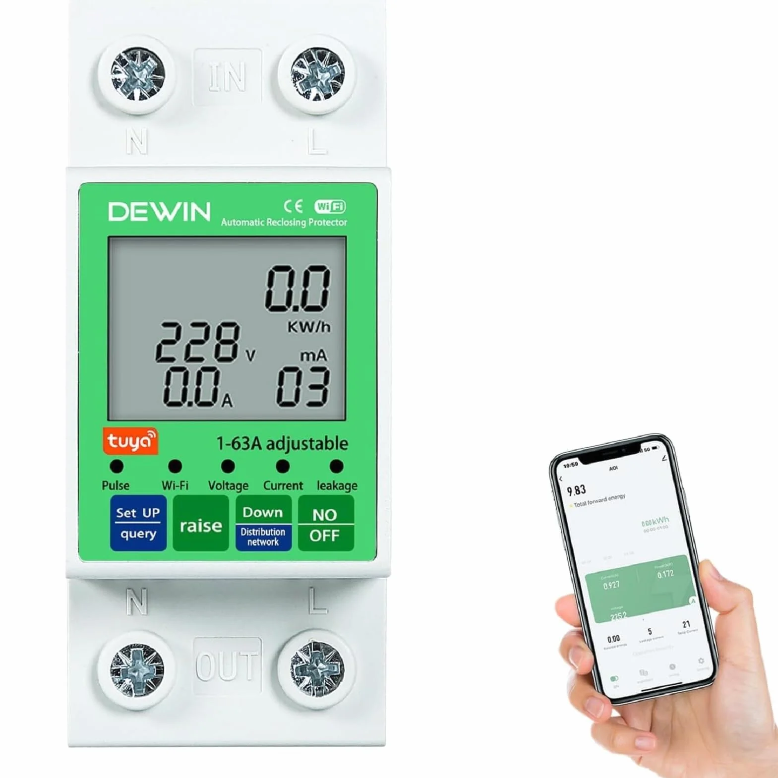 DEWIN Medidor de Consumo Electrico WiFi,2P 63A 80-300VAC Contador Electrico Medidor Inteligente Tuya Smart Medidor De Energía Inteligente Medidor de Monitoreo de Voltaje de Corriente