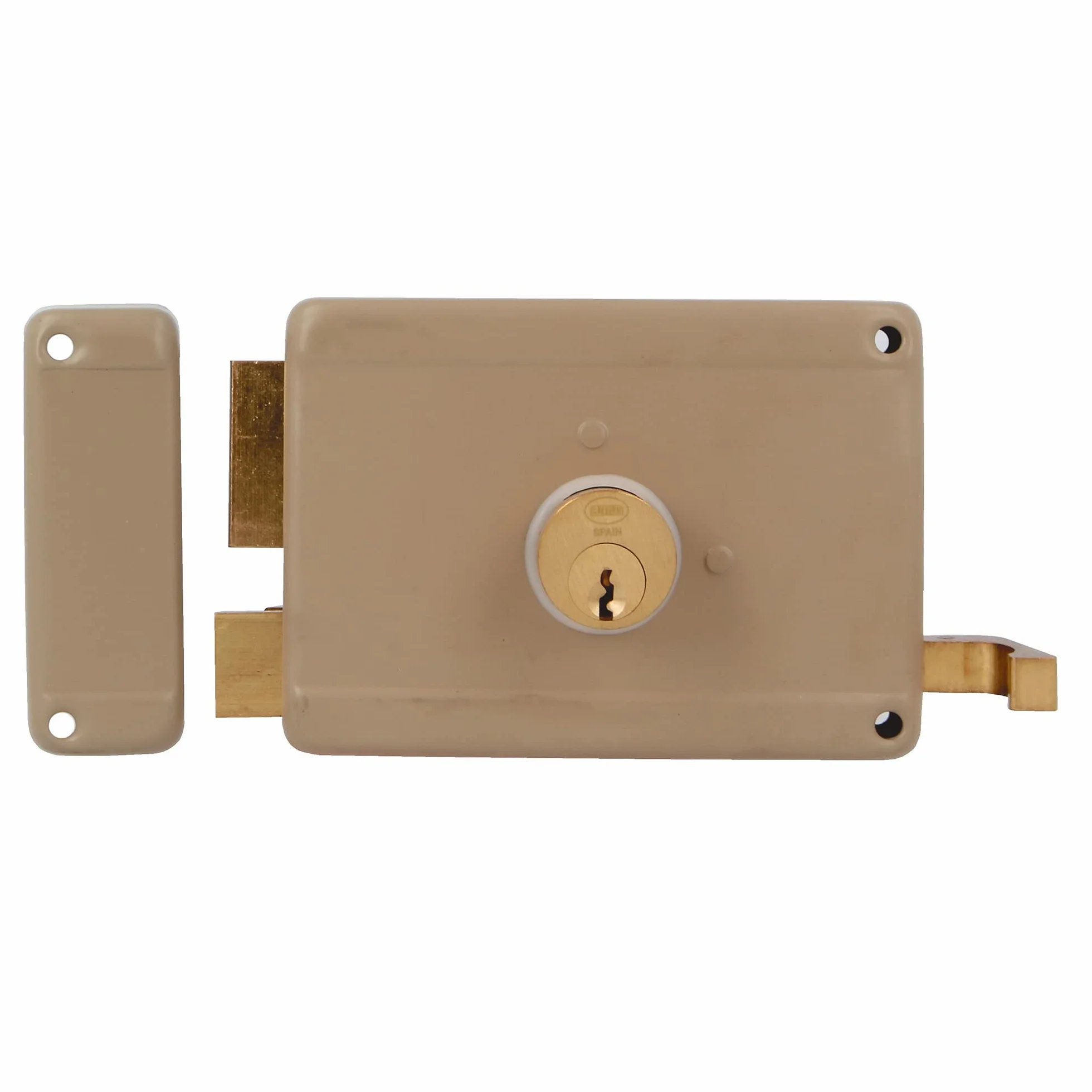 Amig - Cerradura de Sobreponer de Izquierda con palanca de Cierre, Lengüeta y Tirador para Puertas de Madera Mod. 78-120 x 85 mm - Pestillo con Cilindro Redondo de Serreta - Acero Beige