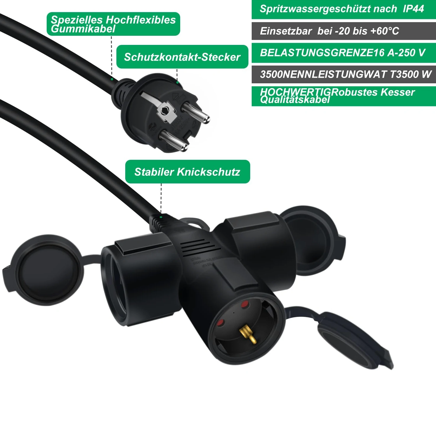 Cable Extensión Schuko 16A 250V 3500W Cable de Extensión con 3 Enchufes de Contacto Protector IP44 H05RR-F3G 1.5mm² Cable de Alimentación para Interior o Exterior (Negro, 1.5m)