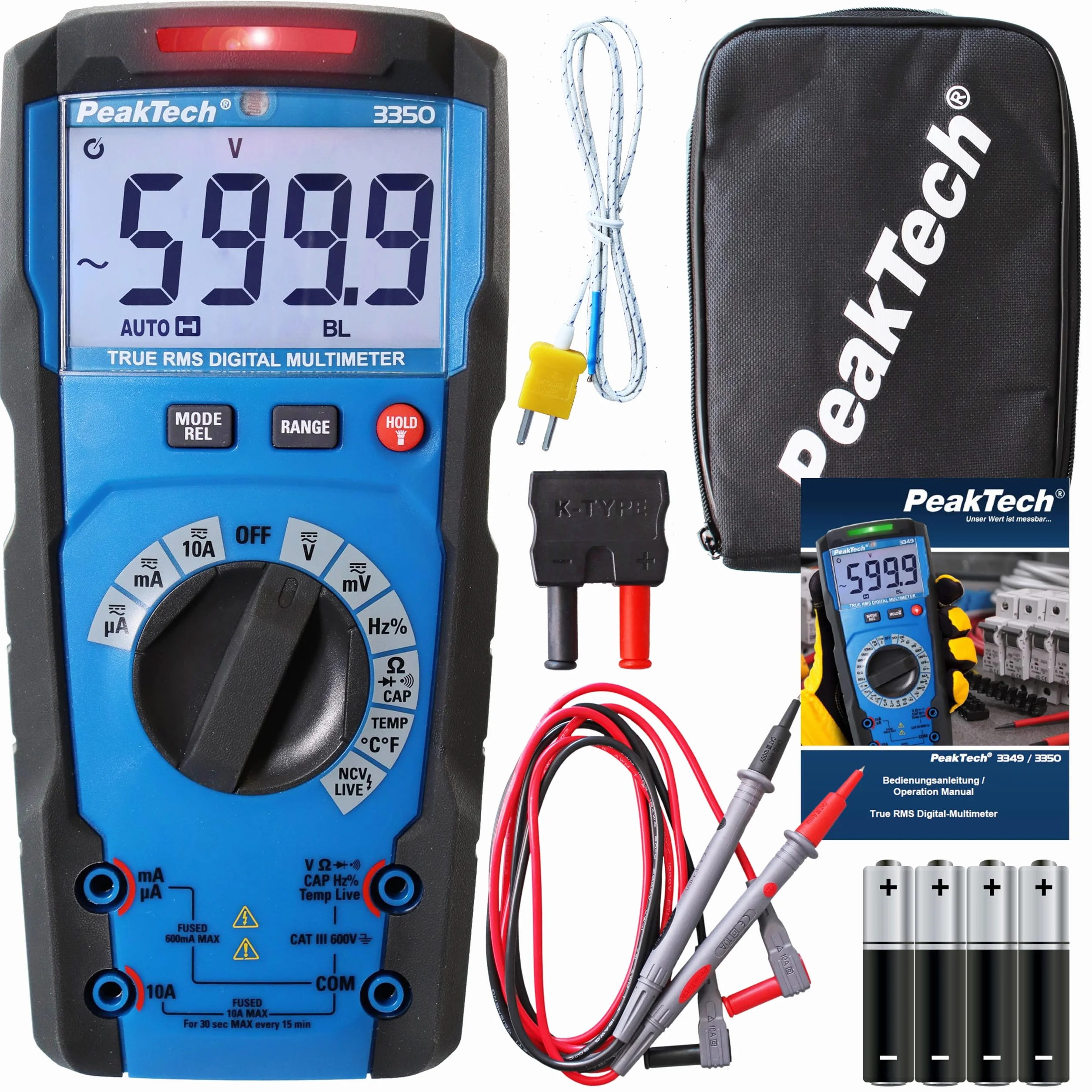 PeakTech 3350 - True RMS Multimeter mit Digital Anzeige Strommessgerät mit 6000 Counts Profi-Messgerät für Elektriker 10A AC/DC - CAT III 600V, automatische Bereichswahl