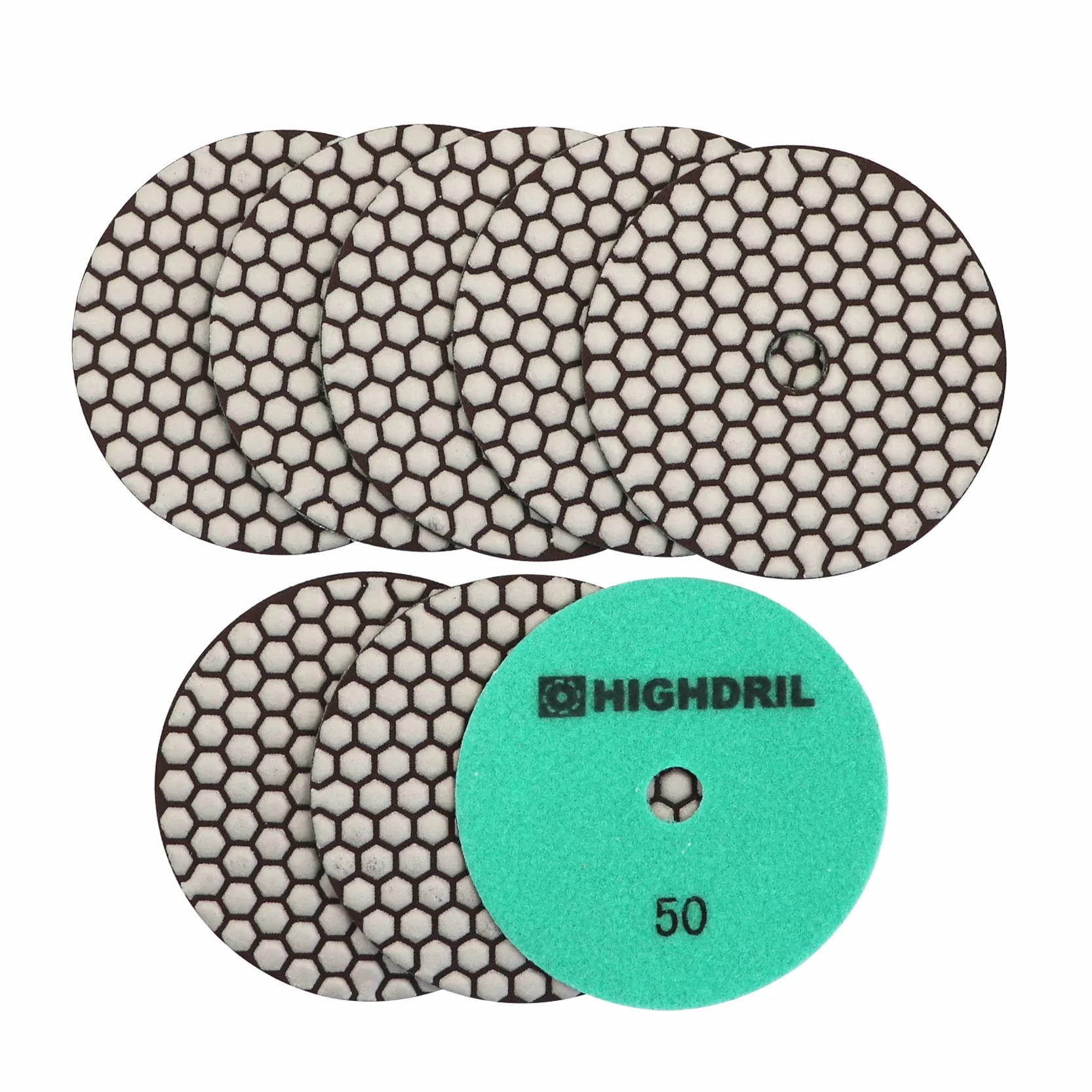 HIGHDRIL Almohadillas Pulido Diamante Seco - 8piezas #50 Almohadillas Lijado 125MM para Granito Piedra Mármol Suelo Grinder Pulir Almohadilla Kit para Taladro, Amoladora, Pulidora