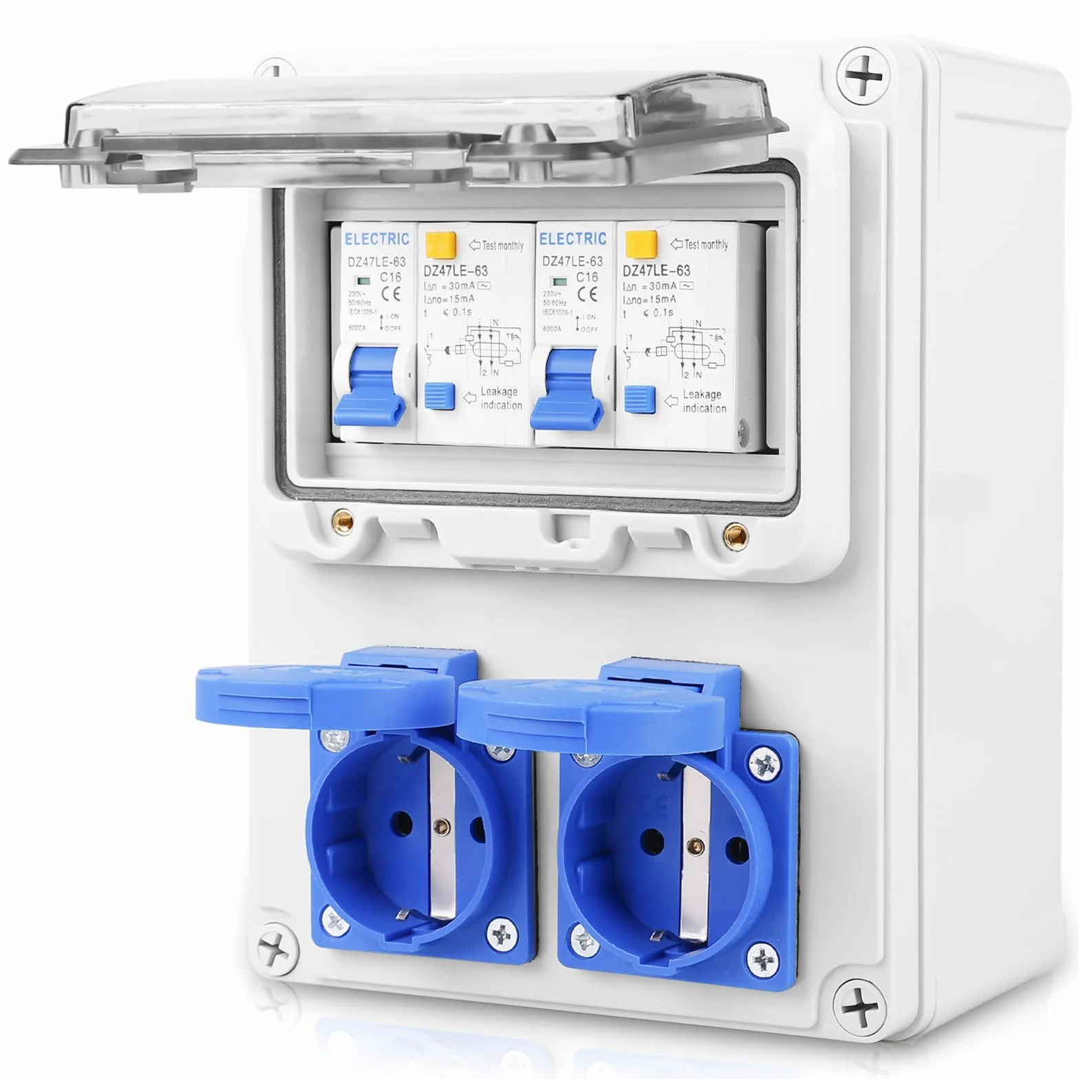 Distribuidor de corriente para construcción, distribuidor de pared, distribuidor de corriente 16 A 230 V, Schuko, interruptor de corriente y contador, interruptor de protección de línea, distribuidor