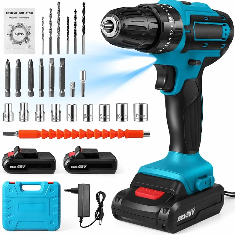 Taladro a Bateria 21V, Destornillador eléctrico con 32 Nm, 25+3 ajustes de par de apriete,Taladro Atornillador Bateria, LED Luz, 3 Velocidad, Atornillador Para Hogar, Bricolaje (A)