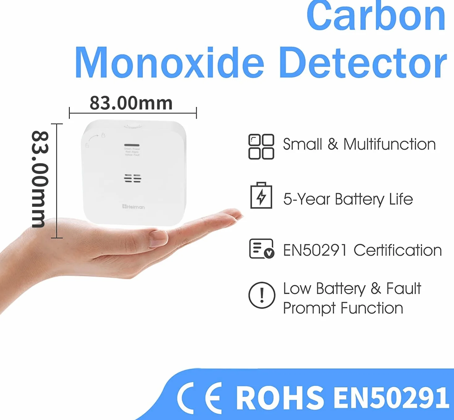 HEIMAN Detector de alarma de monóxido de carbono certificado EN 50291, detector de alarma de CO, funciona con pilas, sensor de 10 años, (720ES)