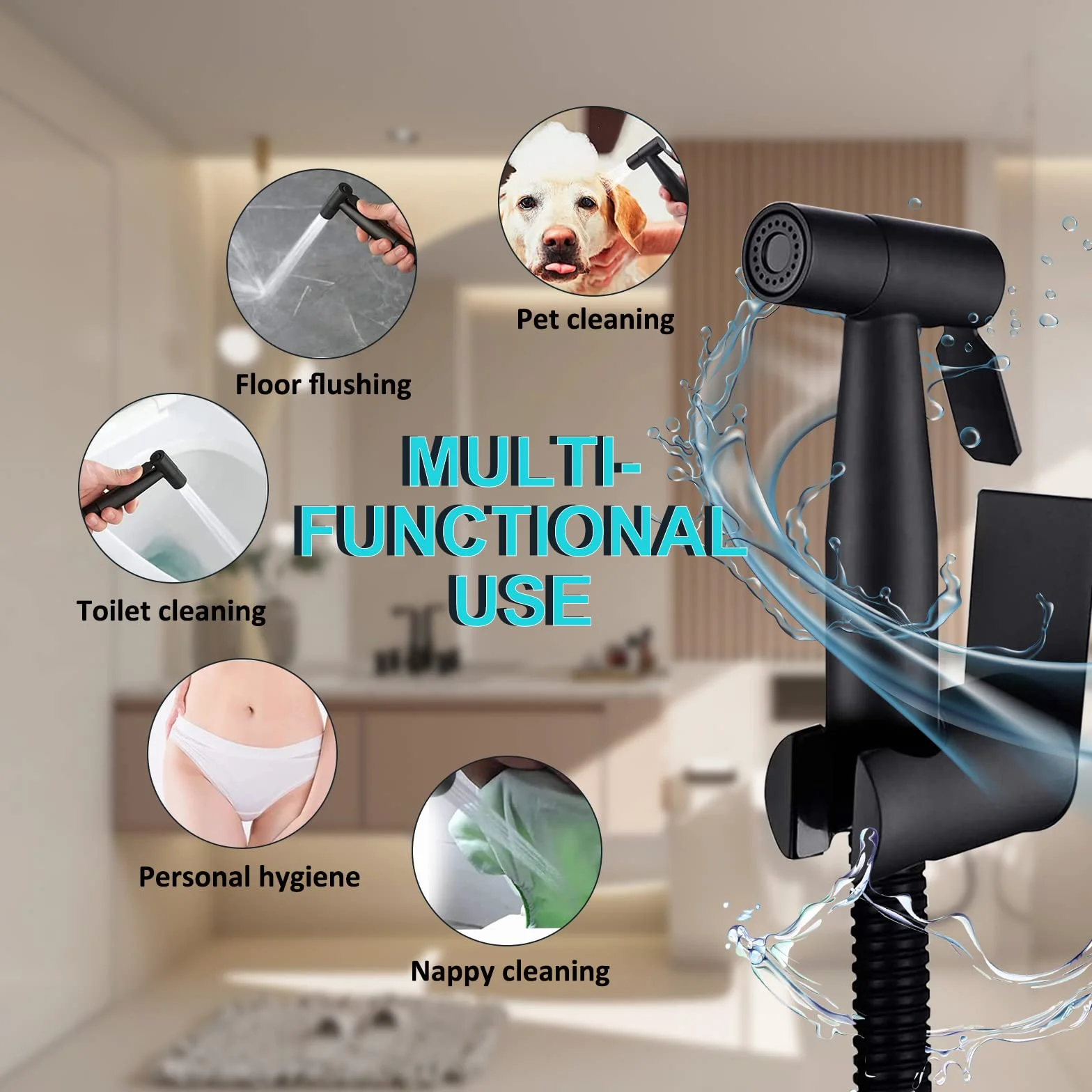 Kit Grifo Bidet Acero Inoxidable Ducha de Lavabo, Pulverizador Bidet Inodoro de Mano con Manguera WC, Soporte Grifo de Bidet para Limpieza de Inodoros, Limpieza de Mascotas (Negro)
