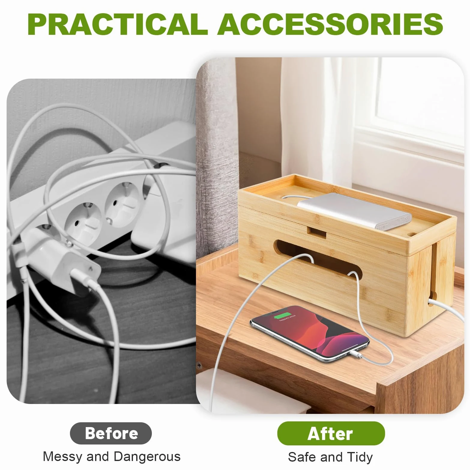 Caja de cables de madera [juego de 2 | grande y pequeño] de bambú sostenible – Caja de gestión de cables para ocultar cables enredados – Caja de enchufe colector de cables, caja organizador