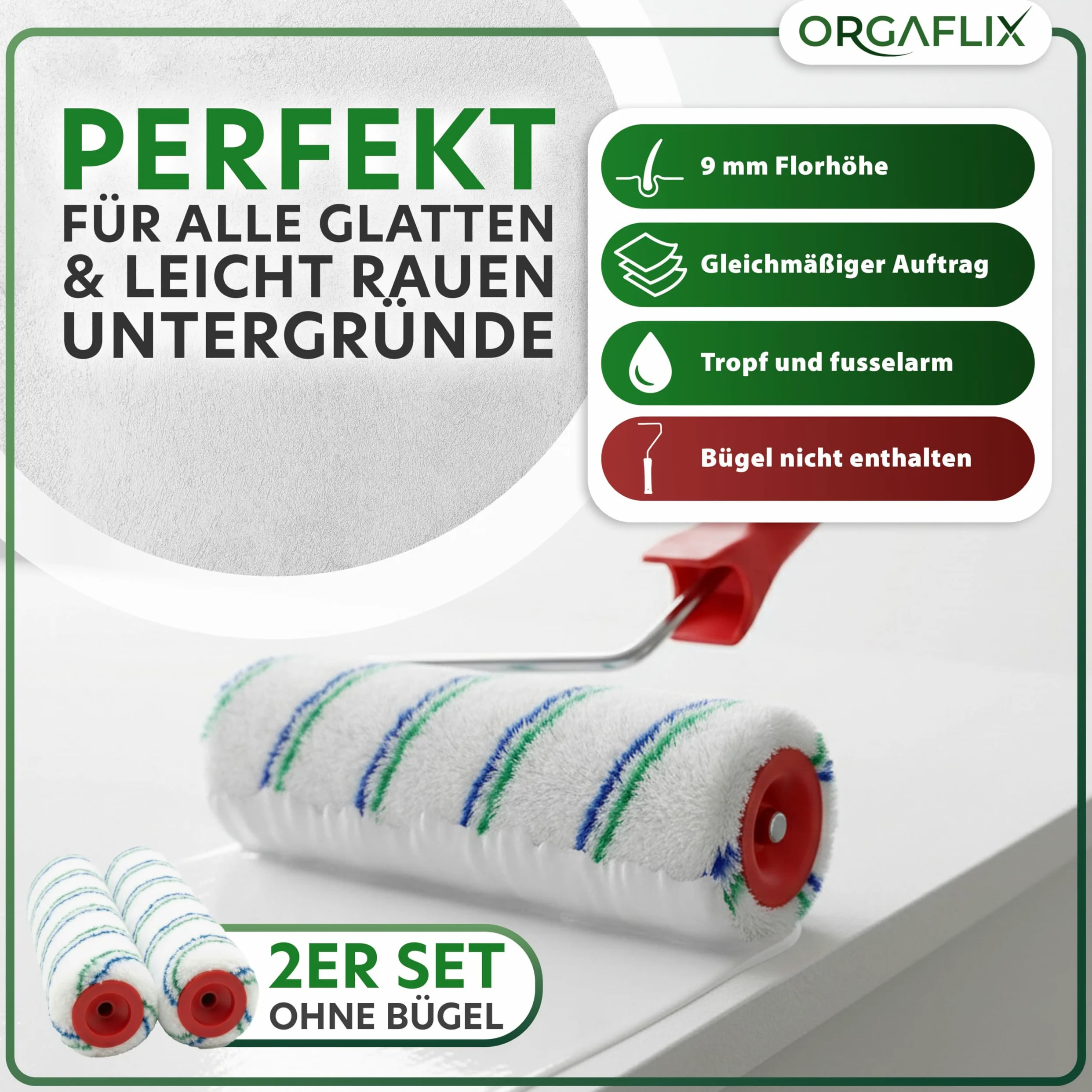 ORGAFLIX Rodillo de pintura profesional de 25 cm, 2 unidades, ideal para absorción y dispensación de color, altura de pelo aprox. 9 mm, núcleo de 48 mm, rodillo de pintura para pared, rodillo grande,
