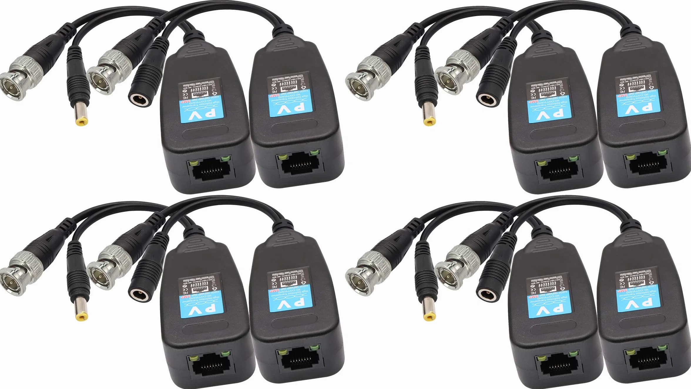 Balun HD BNC a RJ45 Video Transceptor Pasivo HD-CVI/TVI/AHD/CVBS con Conector de Alimentación para 1080P 3MP 4MP 5MP 8MP CCTV Seguridad DVR Sistema de Cámara Vigilancia(4 Pares-19CM)
