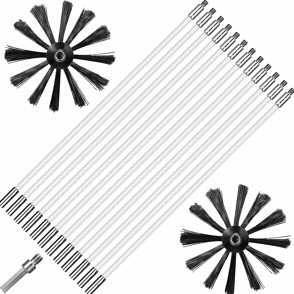Kit de Cepillo Limpieza Chimenea, Cepillo para Limpiar Chimeneas con 12 Varillas Flexibles, 2 Cabeza de Cepilloy de Ø 150mm y 1 Barra Hexagonal para Tuberías de Caldera, Tubos de Ventilación