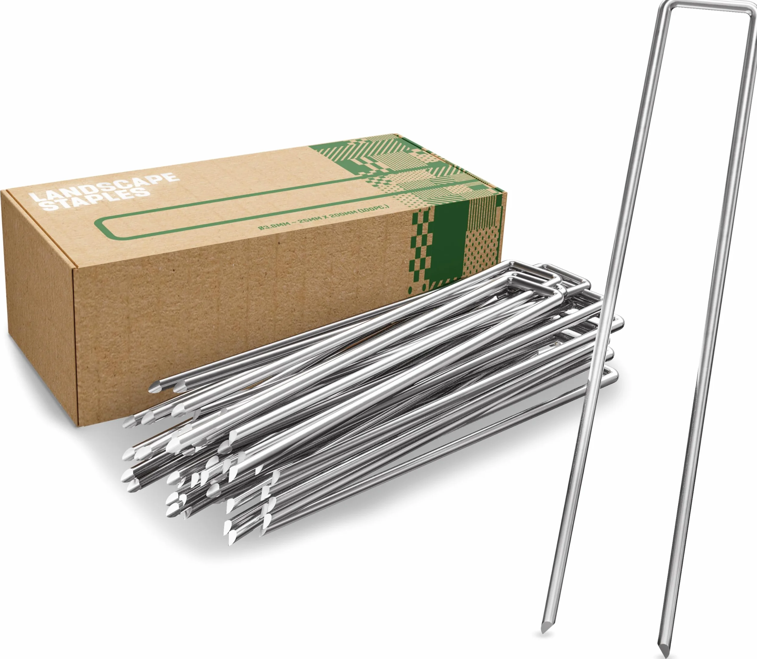GardenGloss Grapas de Sujeción de Acero Galvanizado para Suelos Extremadamente Duros (100 Piezas) - 200 MM de Largo, 25 MM de Ancho, Ø 3.8 MM