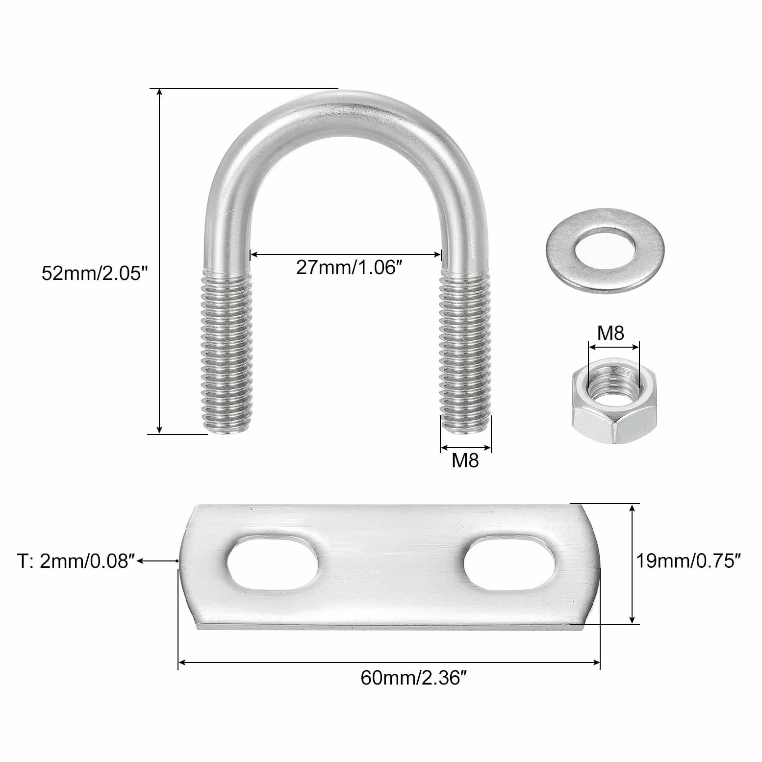 QUARKZMAN Abrazaderas en U Redondas 8 Juegos 25mm (0.98") Ancho Interior y 52mm Longitud M8 Abrazadera en U de Acero Inoxidable 304 con Tuercas y Placas para Remolques de Barcos