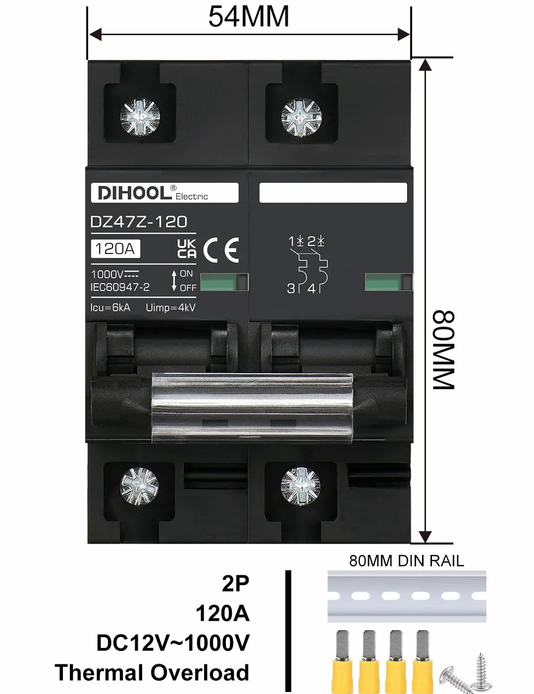 DIHOOL Disyuntor de corriente continua 1000VDC disyuntor PV solar fusible fotovoltaico automático (DC1000V,2 polo 125A)