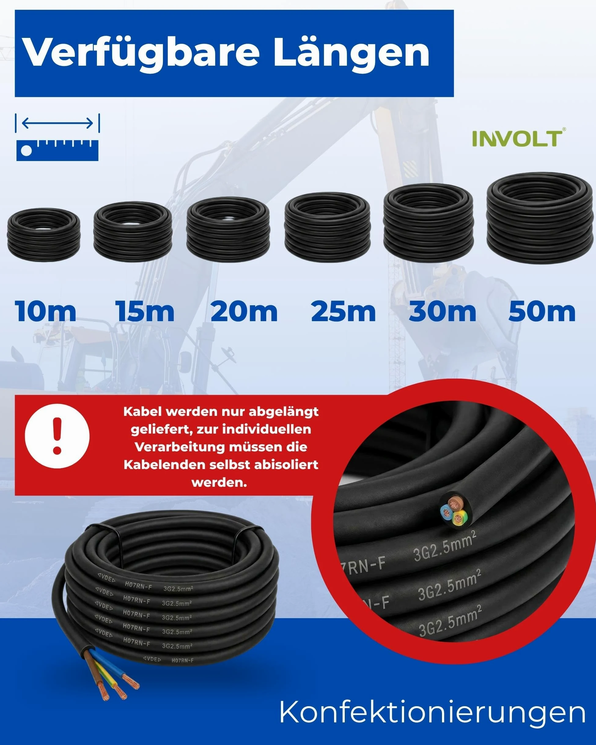 INVOLT Cable alargador CEE H07RN-F 3G2,5 mm², 10 m, cable de goma flexible con conductor de protección, para obras exteriores, certificado VDE