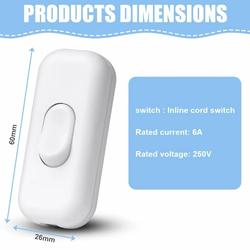 AXFEE 1 Pieza Interruptor Lampara Torpedo, 6A 250V Interruptor de Alimentación en Línea, Interruptor de Cable en Línea Botón, para electrodomésticos pequeños o lámparas, Blanco
