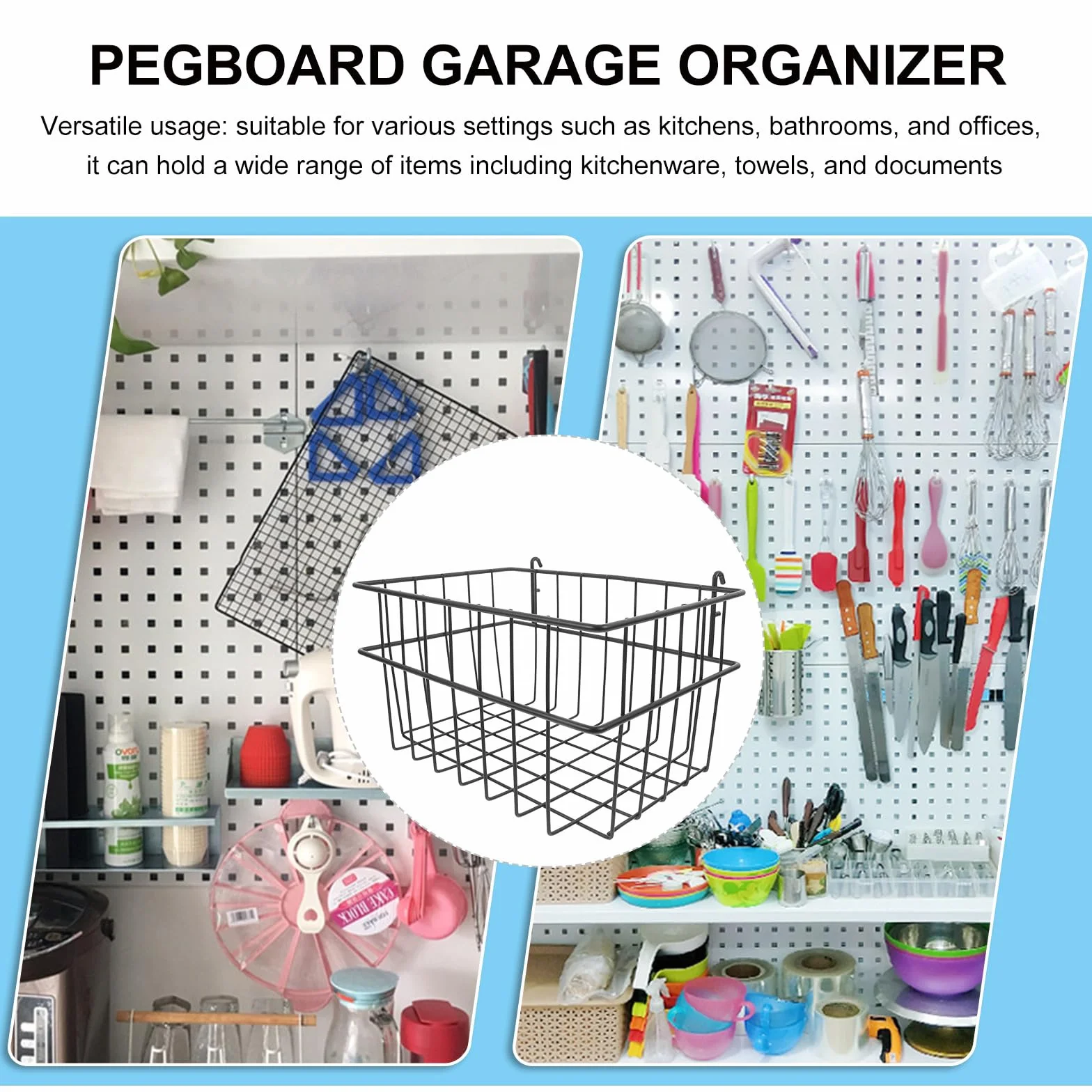Cestas de Almacenamiento para Panel Perforado sin Taladro Organizador Metálico Negro Grande Cesta de Hierro para Garaje Cocina y Oficina Accesorios para Rack de Pared