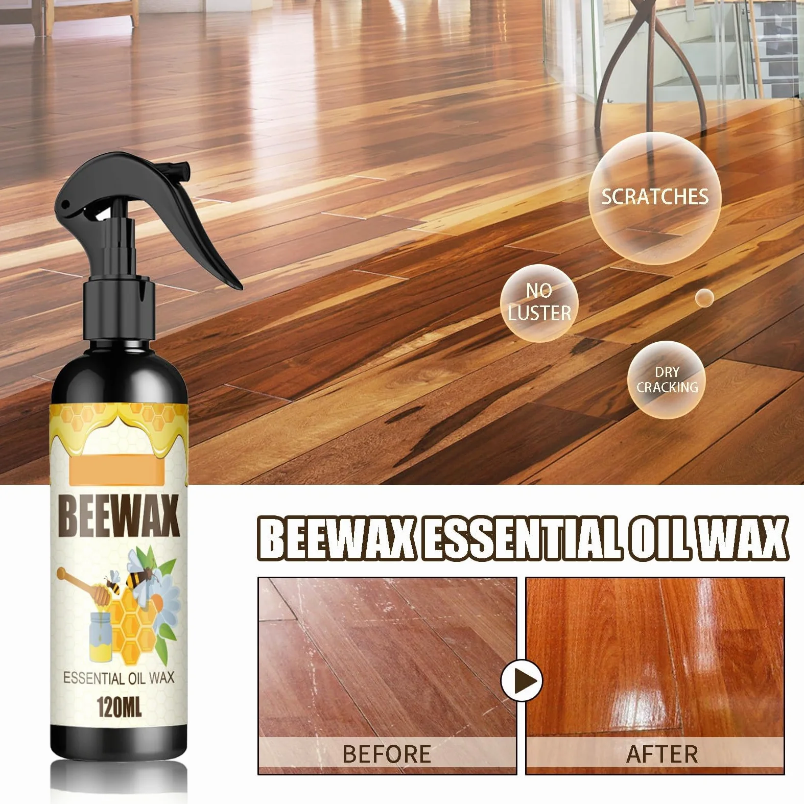 Cera de Abejas Pulimento para Muebles de Madera,cera para madera,Limpiador En Aerosol De Cera De Abejas,para el Cuidado de Muebles y Protección de Madera para Interior y Exterior (Spray-2pc)