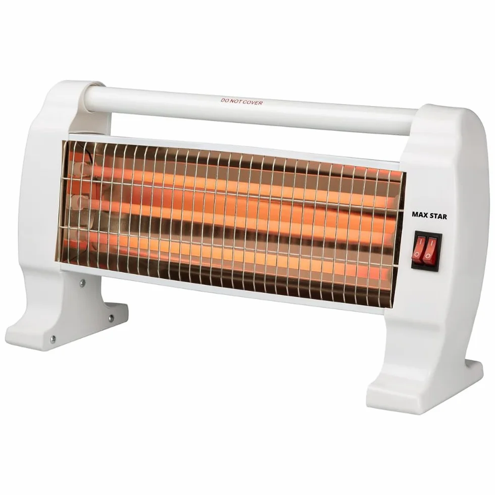 Max Star Estufa Electrica Bajo Consumo de Cuarzo Calefactor de Baño Infrarrojo 3 Posiciones de Calor 400W/800/1200W Asa de Transporte Anti Vuelco Eficiencia Energetica Tipo A Portátil