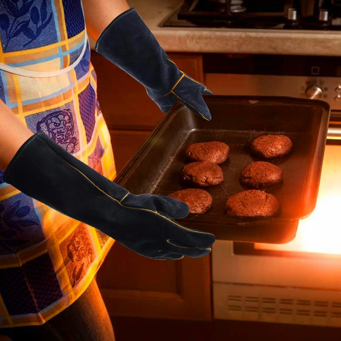 Guantes de Soldadura Cuero para Barbacoas , Guantes para Quemador de Madera Alta Temperatura Guantes de Seguridad