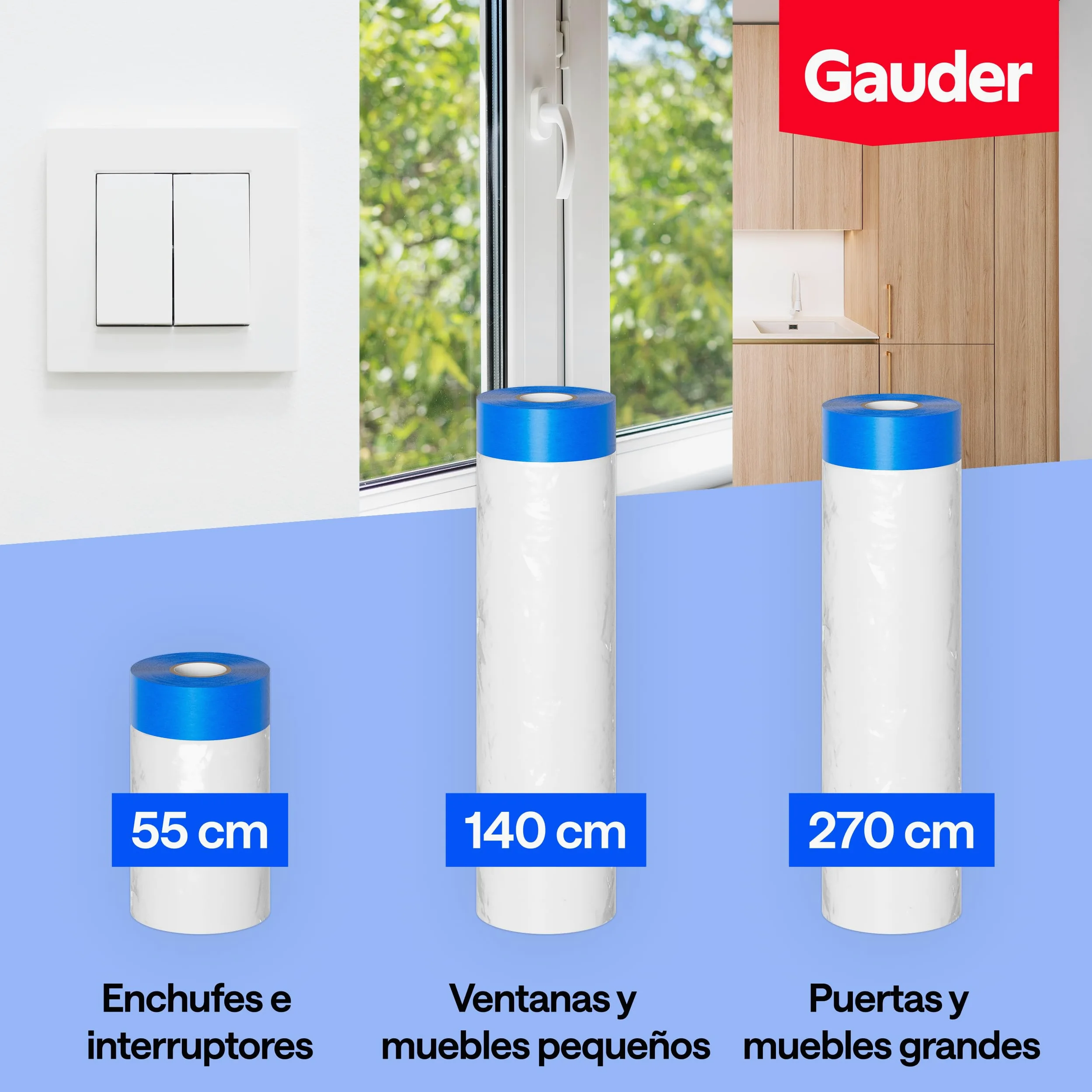 GAUDER Film protector con cinta adhesiva - 81 m² de plástico autoadhesivo - Para ventanas, puertas e interruptores (3 Rollos - 270 cm x 10 m)