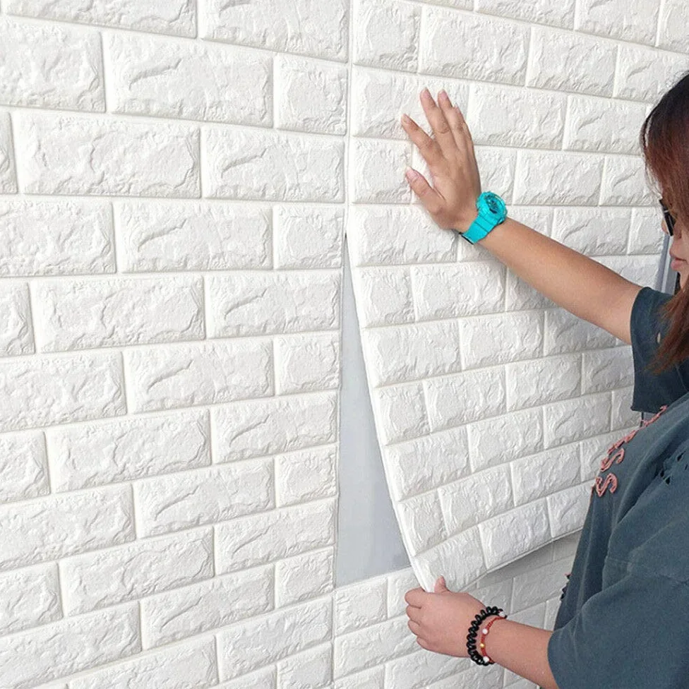 10 paneles de pared 3D autoadhesivos, aspecto de piedra, 70 x 77 cm, espuma de polietileno, DIY, ladrillos, piedra repujada, decoración de pared (blanco)