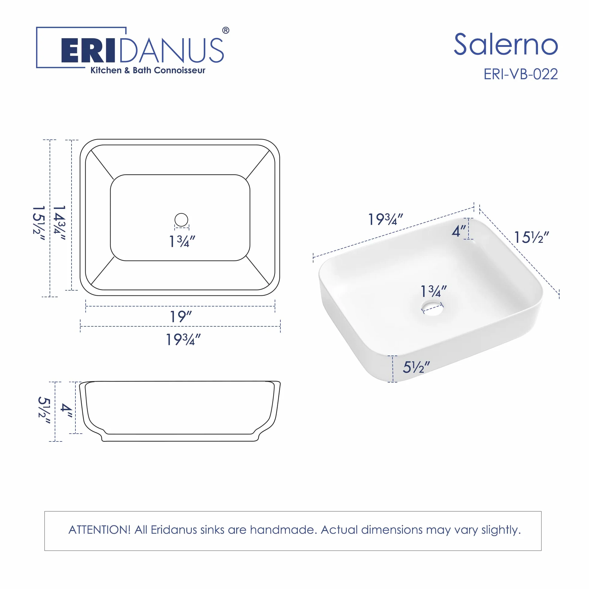 Eridanus Lavabo de encimera rectangular, lavabo cuadrado de cerámica para baño, recipiente para WC, armario, lavabo, blanco brillante – 500 x 390 x 140 mm