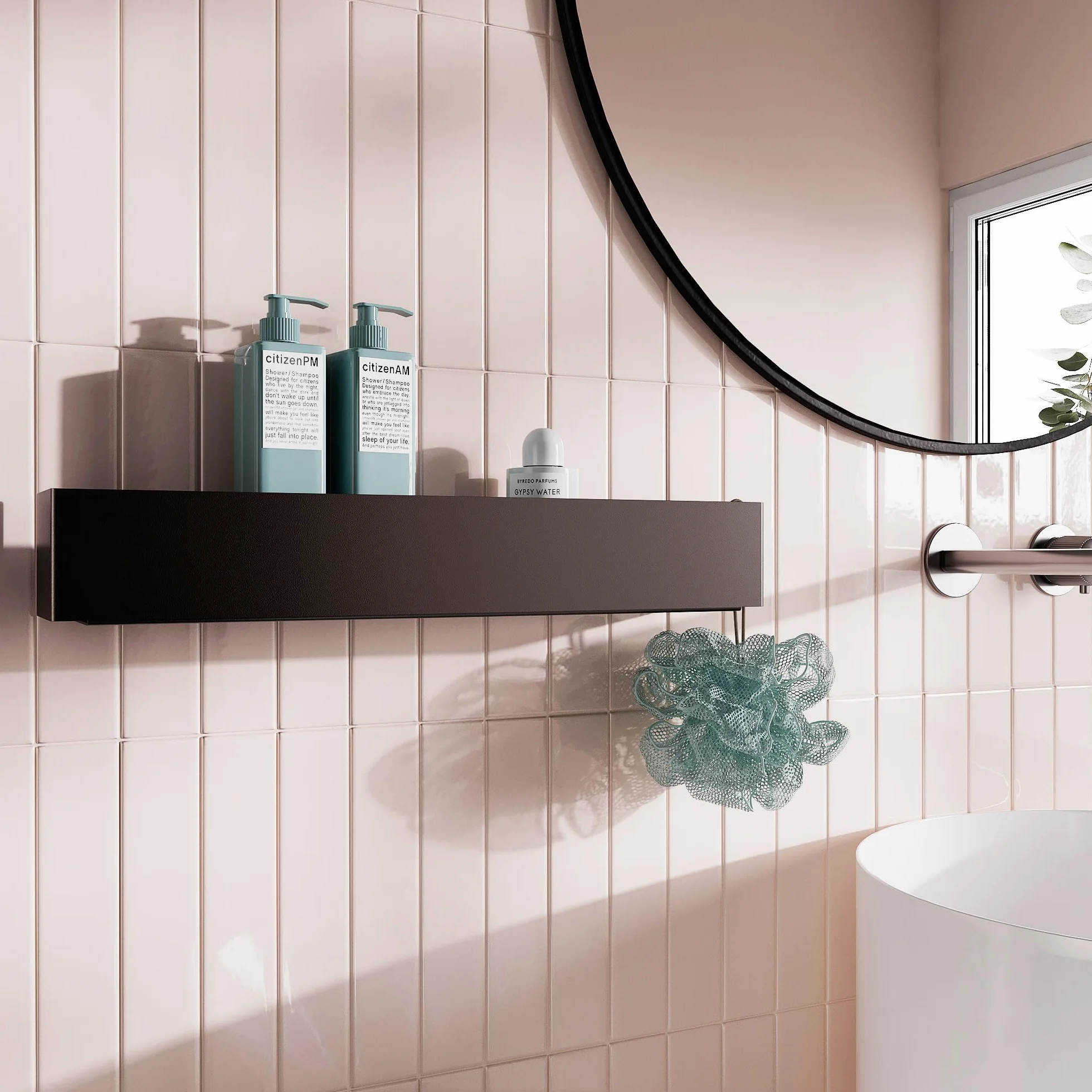 Estantería de ducha negra 50x10x8 cm Estante baño pared sin taladro metal recubrimiento polvo minimalista