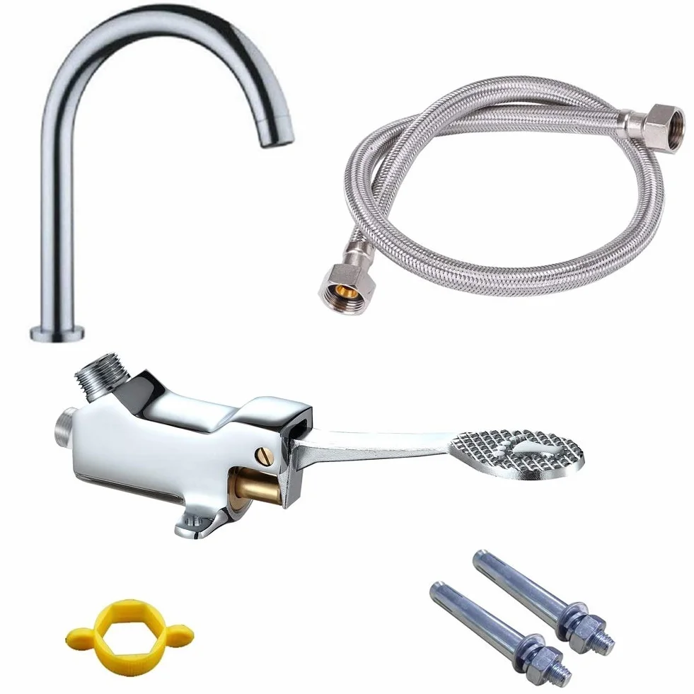 LukLoy Juego completo de pedal manos libres para grifo, con válvula de pie+salida+manguera flexible de 1 m y tornillos, para hospital, laboratorio, control de grifo con el pie