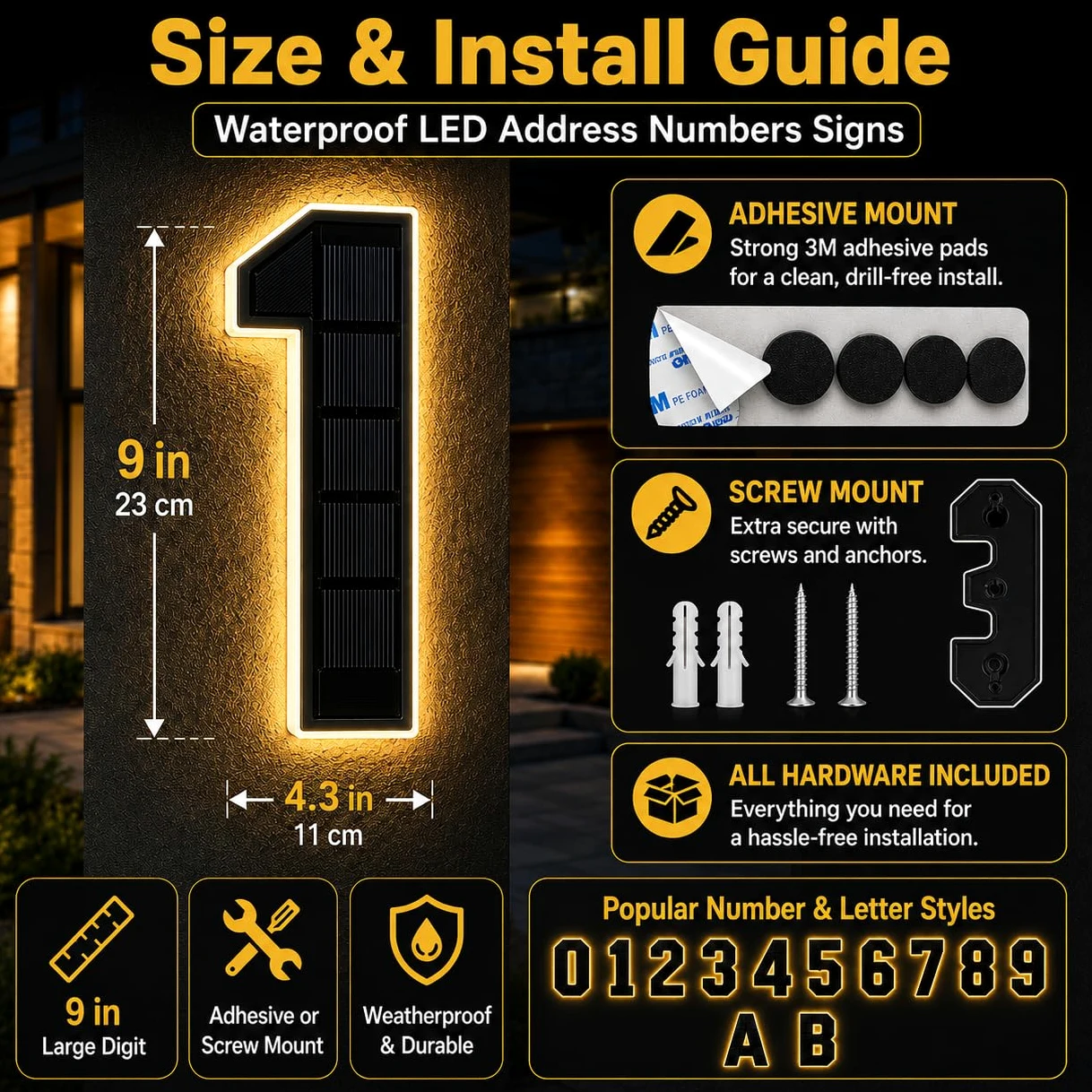 Señal de número de casa solar de 9 pulgadas para exterior, señales de números de dirección LED impermeables grandes, para visibilidad nocturna exterior 7