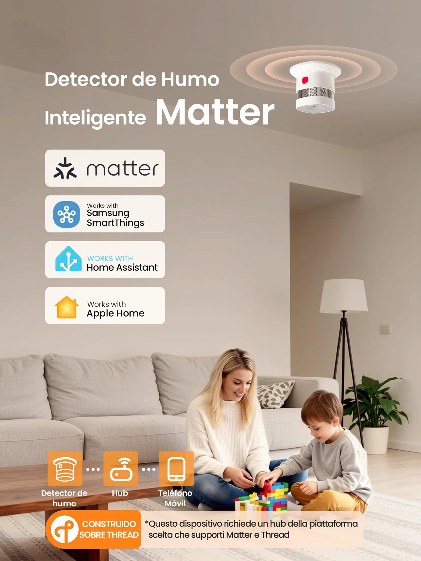 Heiman Detector de Humo Matter Over Thread con Soporte Magnético Batería Reemplazable 5 Años EN 14604 HS1SA-M