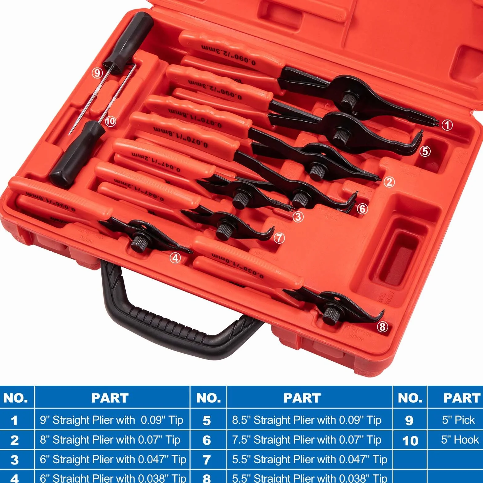 Toolwiz Juego de alicates de anillo a presión, 10 piezas de alicates de anillo de retención internos y externos, alicates de clip en C, herramientas automotrices curvadas y rectas de alta resistencia