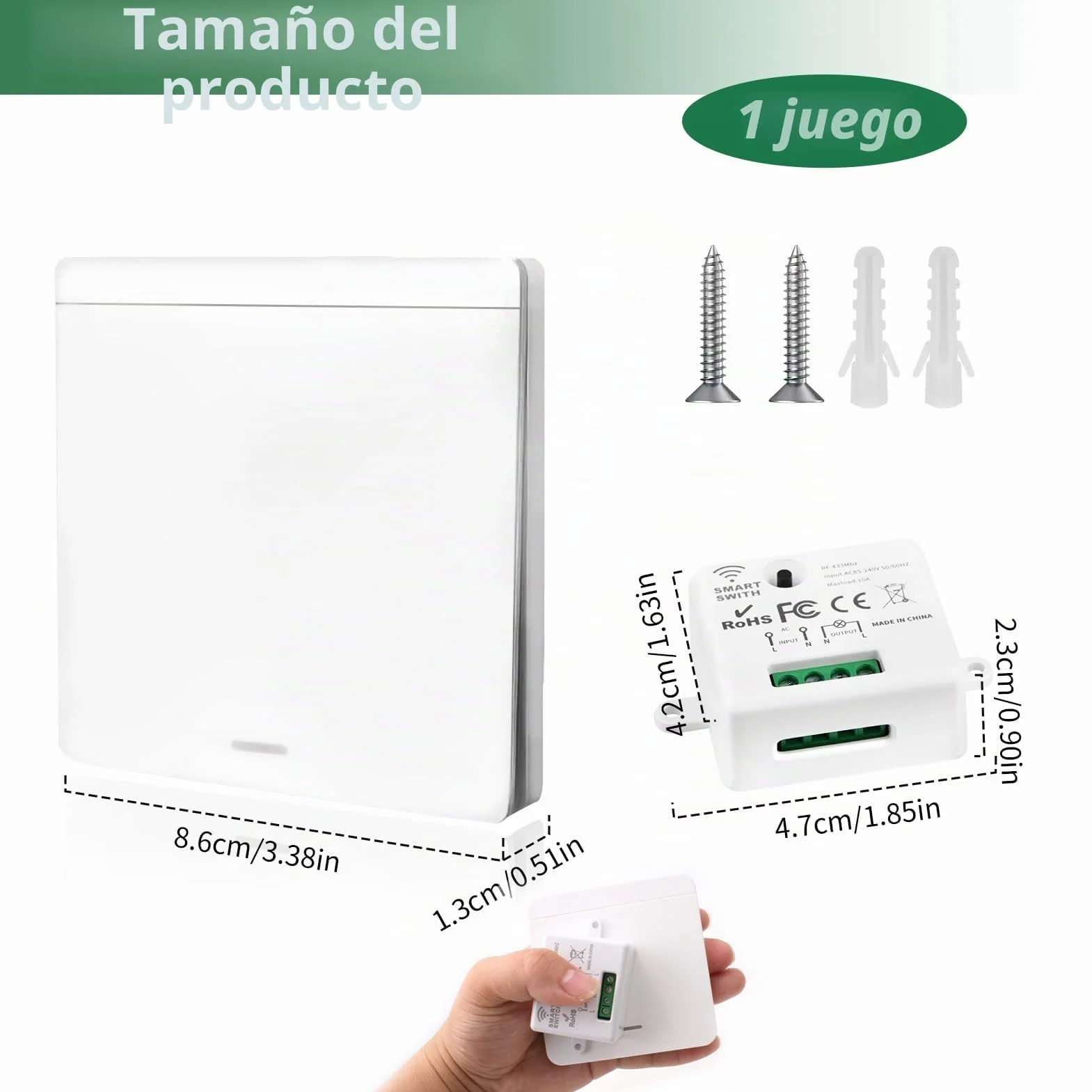 Interruptor de luz Inalámbrico, Interruptor Kit con Transmisor de RF y Controlador del Receptor 10A Fácil Instalación para Lámpara de Hasta 1500W, Control Remoto Alcance de 50M