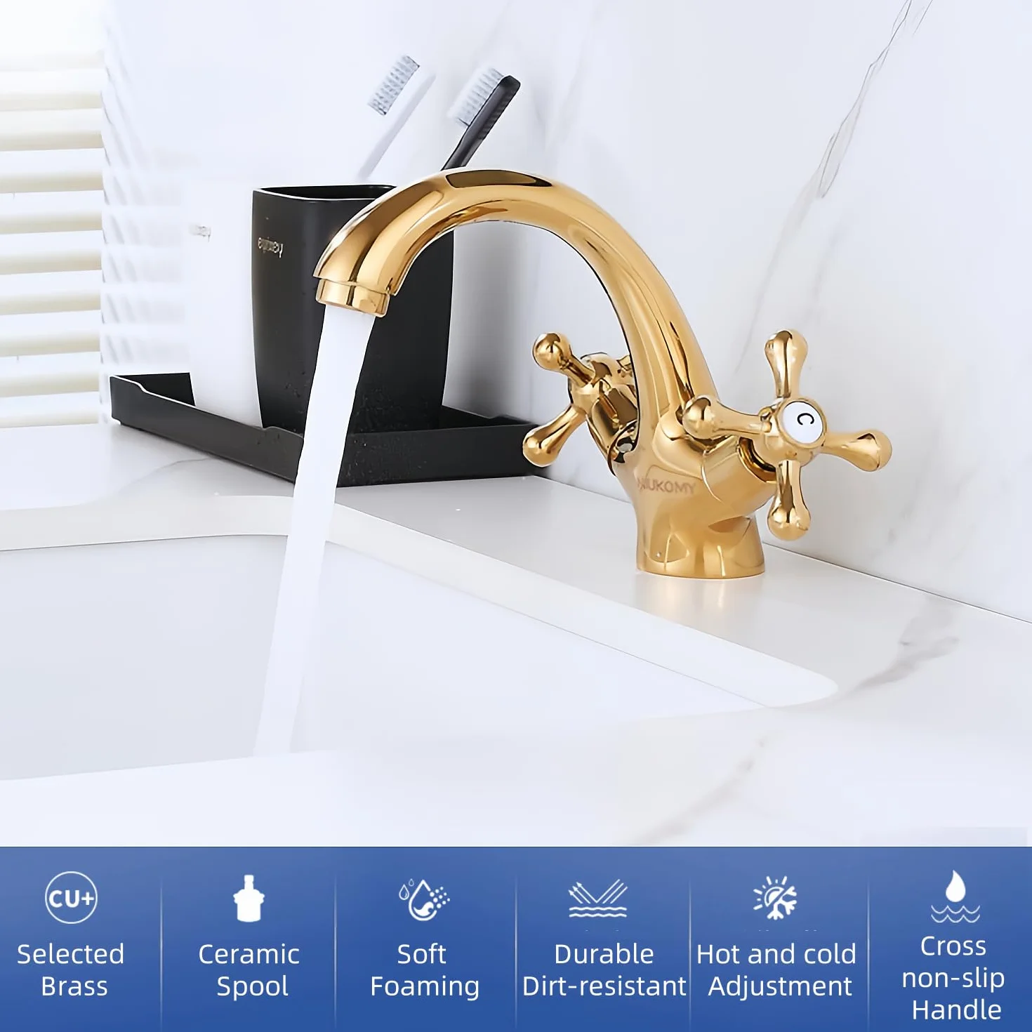 Grifo de Lavabo Latón Dorado, Grifo Baño Dos Manijas, Grifo Mezclador Baño Fregadero, Grifería de Lavabo Agua Fría y Caliente con Tubo Flexible
