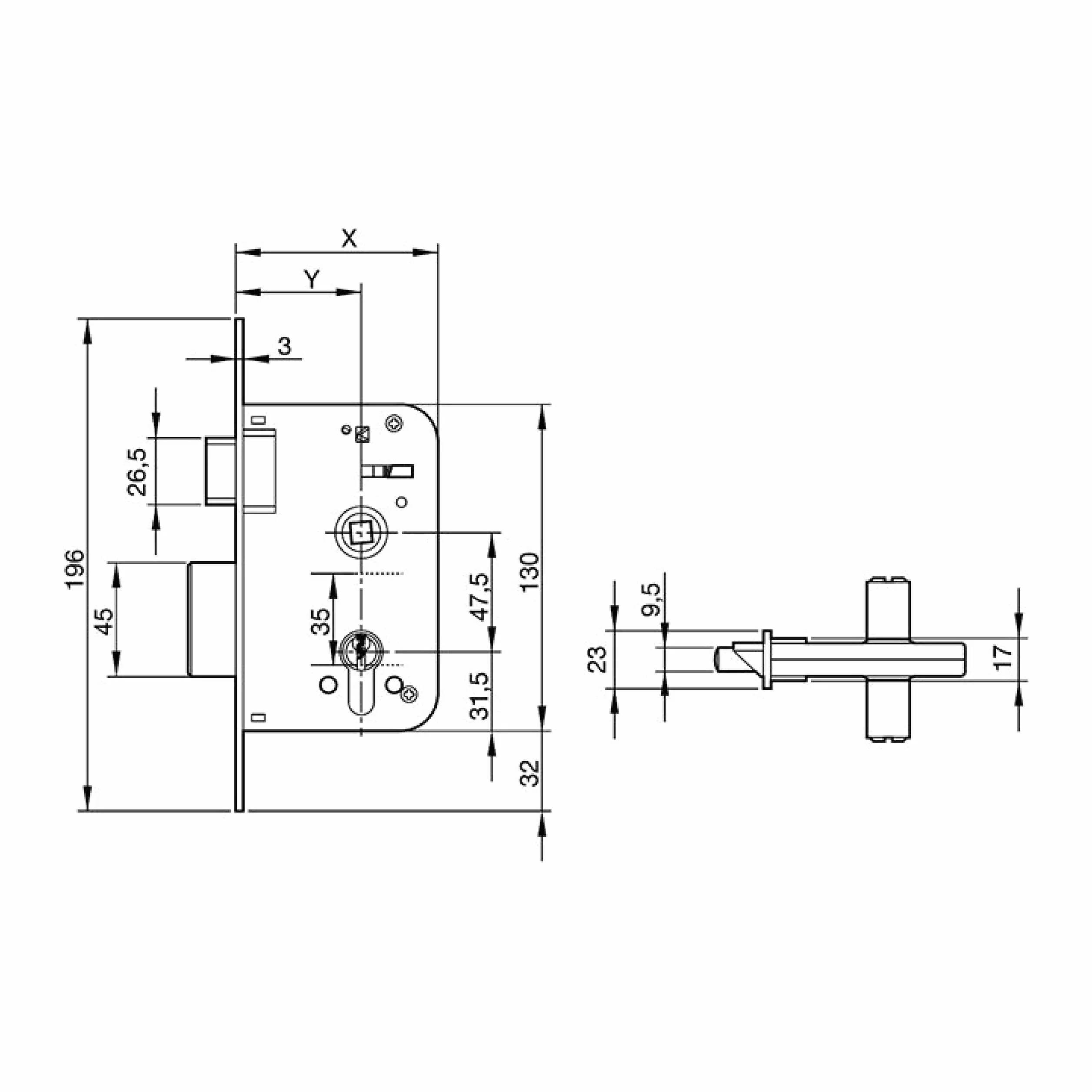 Yale Cerraduras de Embutir Estándar: Entrada 35 mm, Acero inoxidable, Latonado Cerradura de embutir de un punto de cierre de caja cerrada, Cilindro monoblock de 60, Palanca y picaporte reversible