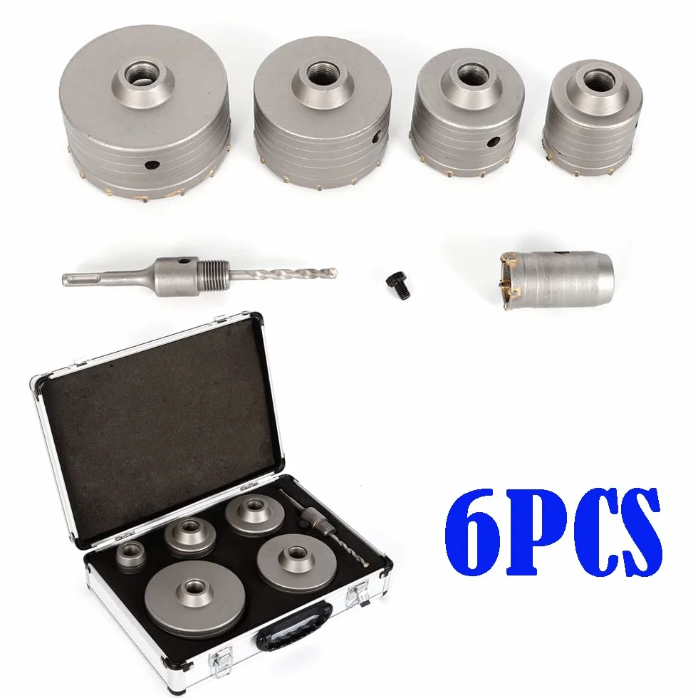 Juego de 6 brocas para hormigón seco de 40/68/80/100/120 mm con adaptador SDS-Plus – Juego de brocas huecas para hormigón, cemento, pared de piedra