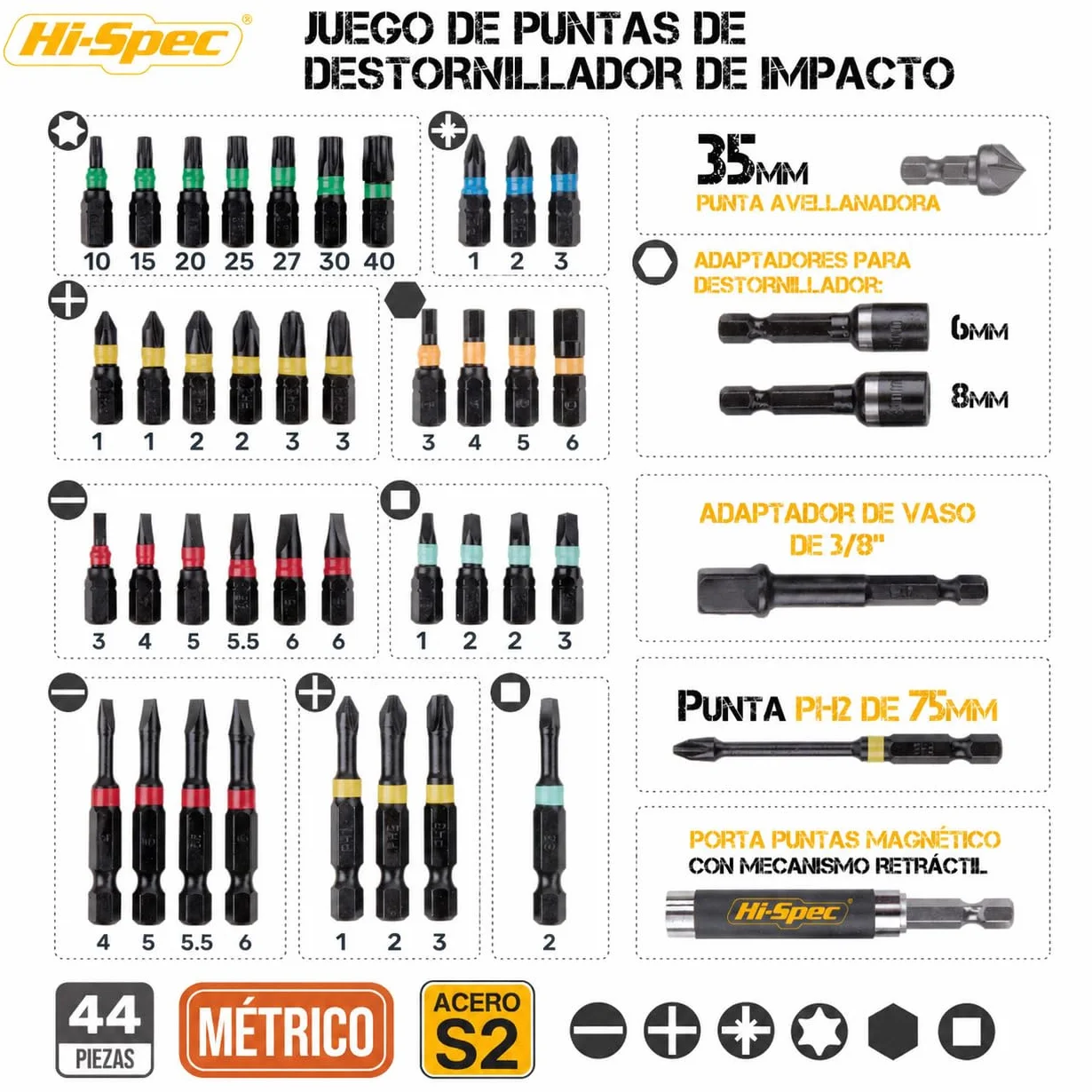 Hi-Spec Juego de Puntas de Impacto para Taladro Destornillador de 44 Piezas. Brocas para Herramientas Eléctrica con Cuerpo Hex con Maletin de Almacenamiento