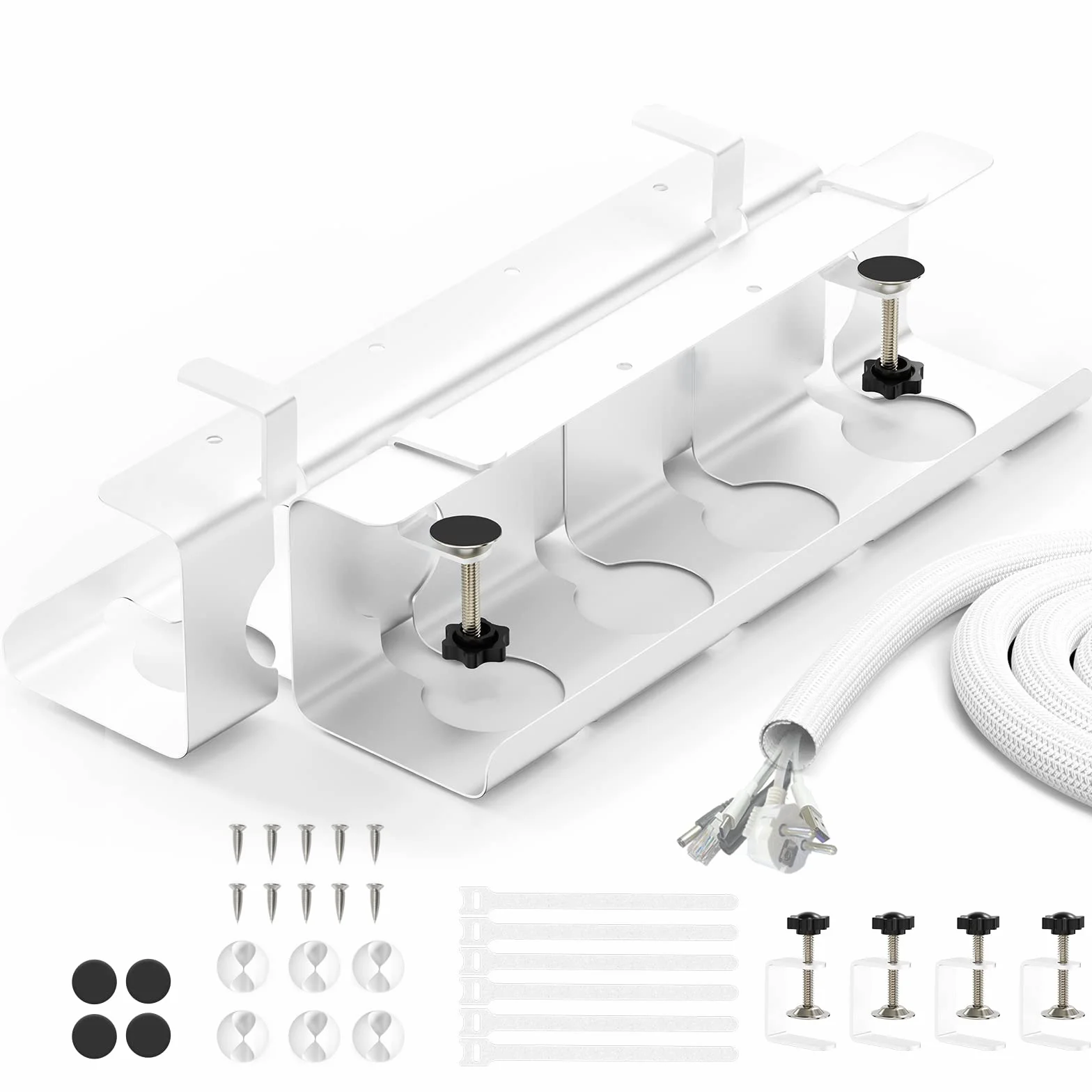 Bandeja Organizador Cables Escritorio, Juego de 2 Cable Management sin Necesidad de Taladrar, Recoge Cables Mesa Escritorio, 43cm Soporte de Cables para Hogar u Oficina, Blanco