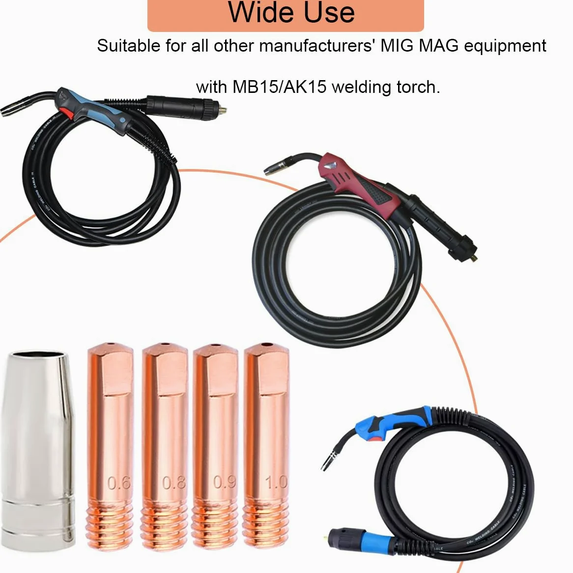 Puntas de contacto de soldadura MIG 0,6/0,8/0,9/1,0 mm MB15 15AK Kits de antorcha Boquillas Accesorios para consumibles de antorcha de soldadura 15AK MB15 MAG MIG, 42 piezas