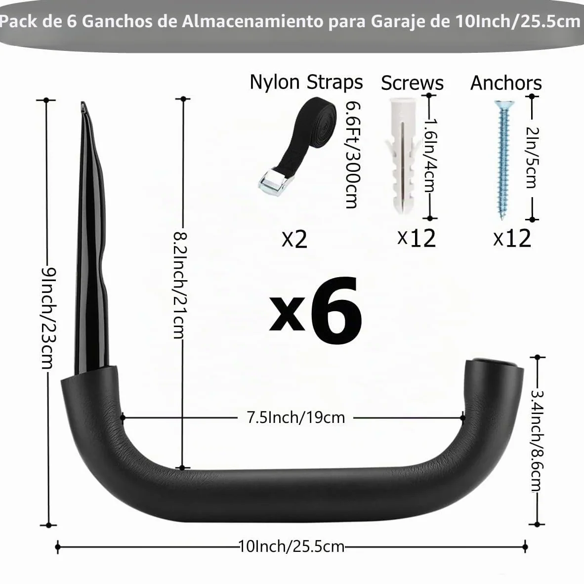 Paquete de 6 ganchos para escaleras de almacenamiento de garaje resistentes, 10 pulgadas de montaje en pared para bicicletas, herramientas de jardín, silla, manguera