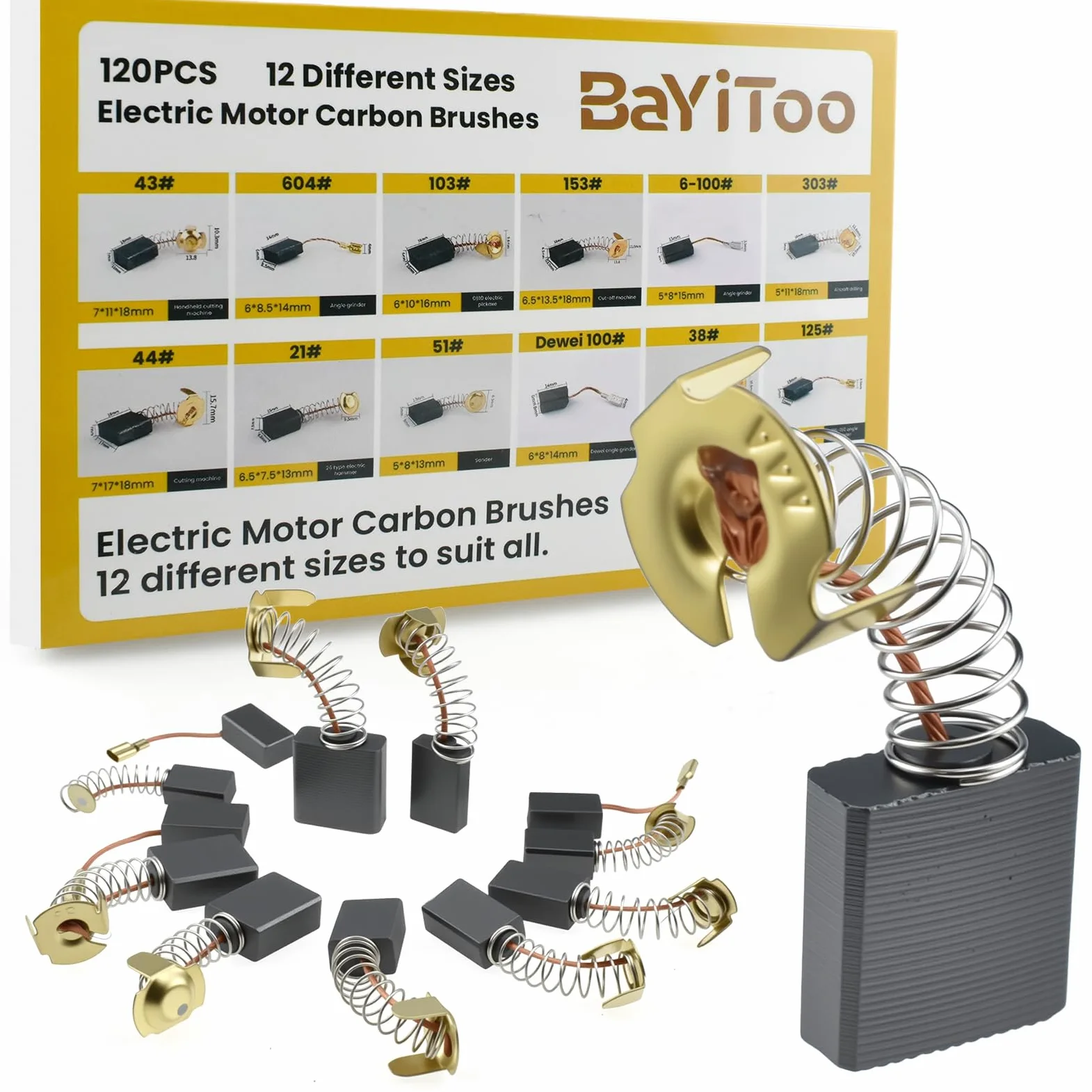 120 cepillos de carbono para motor eléctrico de 12 tamaños diferentes | Kit de reparación esencial amoladoras angulares, sierras circulares y taladros martillos eléctricos