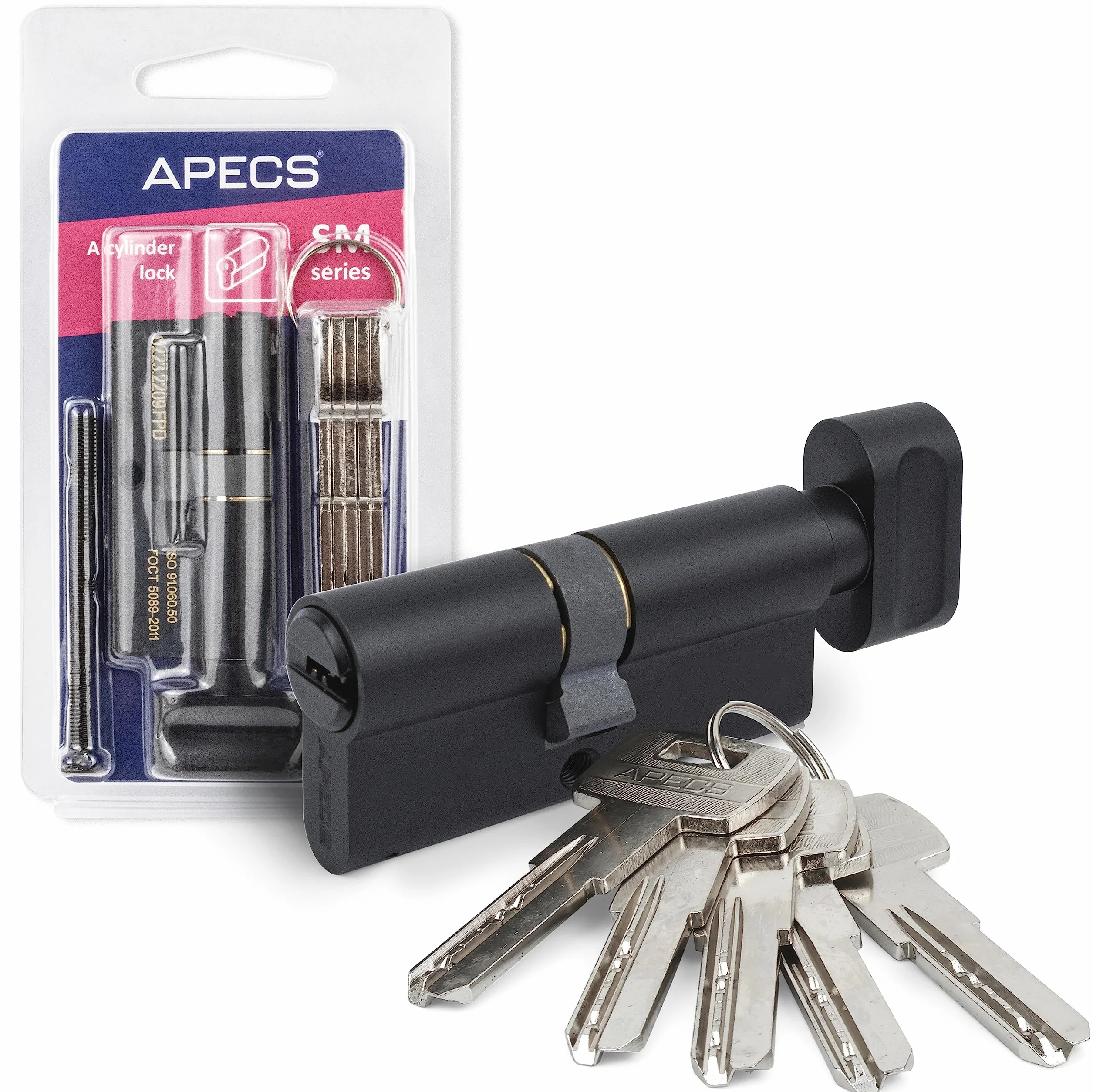 Cilindro con pomo negro APECS cilindro de cerradura con pomo cerradura de cilindro 65 (30/35C) mm para cerradura de puerta de entrada con 5 llaves modelo SM-65(30/35C)-C-BLM