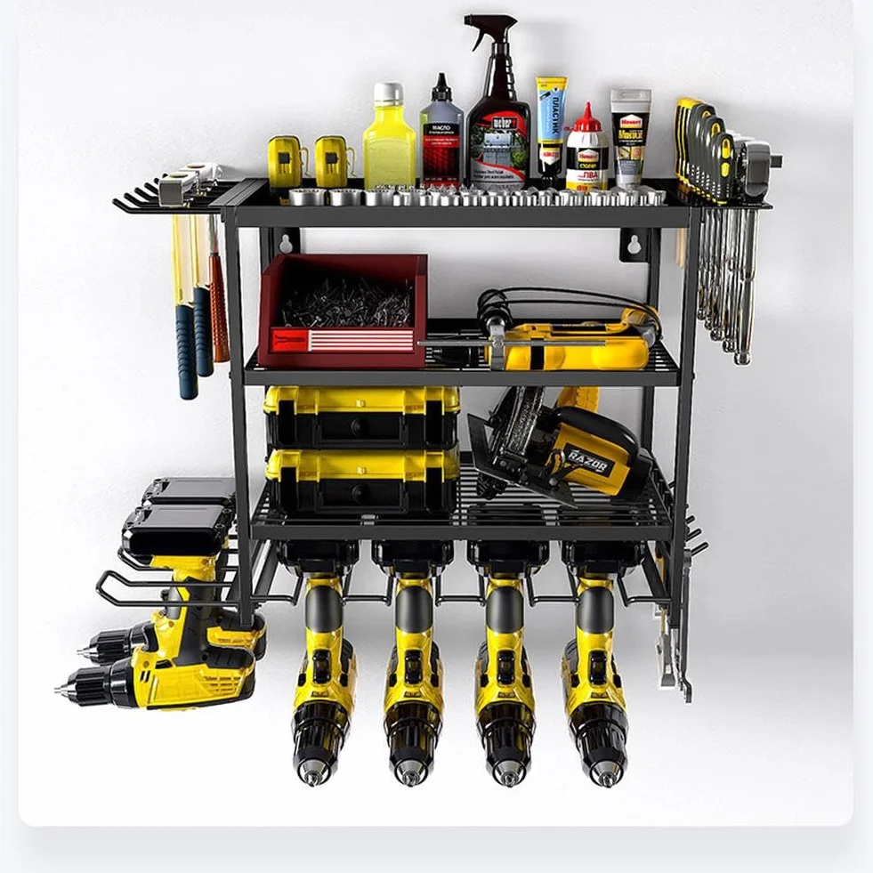 Soporte de pared para herramientas de 4 niveles, almacenamiento de herramientas para 4 herramientas eléctricas, soporte de pared, organizador para garaje, taller de coche, 59,5 x 24,5 x 41,5