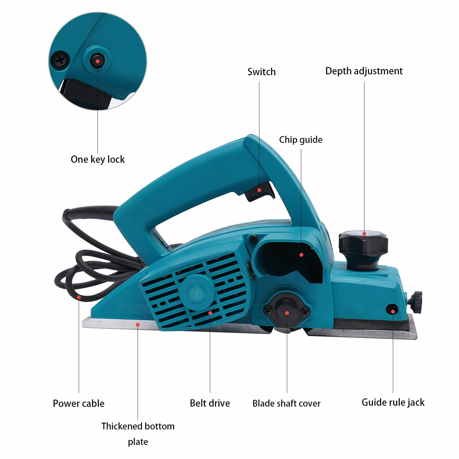Cepilladora eléctrica de 800 W, con regla guía y guía en V, cepilladora ligera para madera con profundidad ajustable de 0 a 1 mm, cepilladora con motor de cobre para carpintería