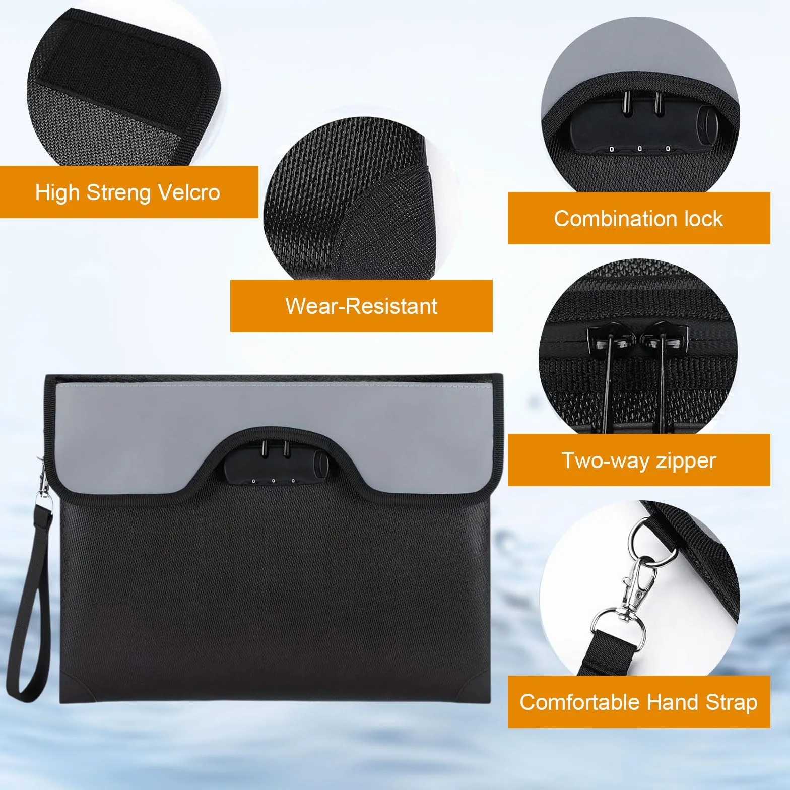 Bolsa ignífuga bolsa de documentos con cerradura, 35.5x25.4cm cartera impermeable, segura Bolsa ignífuga de almacenamiento para documentos pasaporte banco archivo dinero objetos de valor, negro