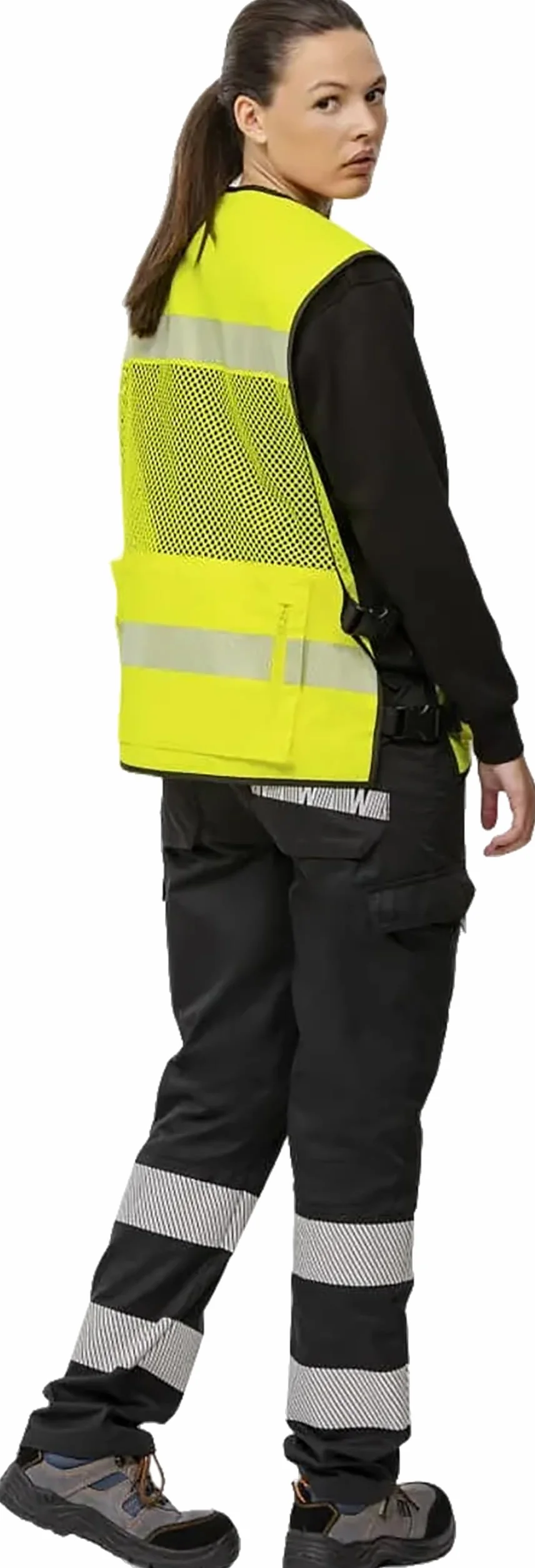 WORKTEAM Chaleco de Alta Visibilidad con Rejilla Transpirable, Cintas Reflectantes Segmentadas, Ajustes Laterales y Multibolsillos Unisex
