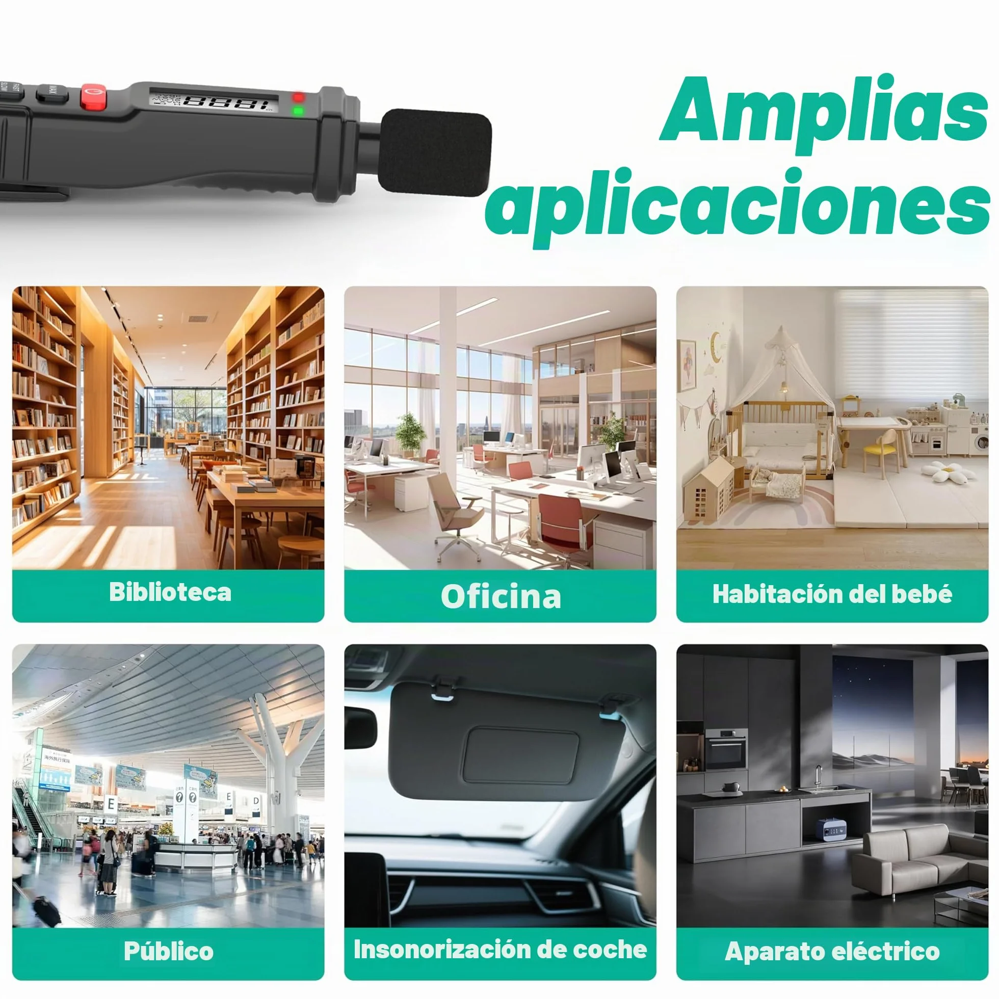 Medidor de decibelios, medidor de nivel de sonido digital 30-130 dB(A), medidor SPL portátil con pantalla LCD retroiluminada, medidor de ruido de audio con MAX/MIN, retención de datos, linterna Home