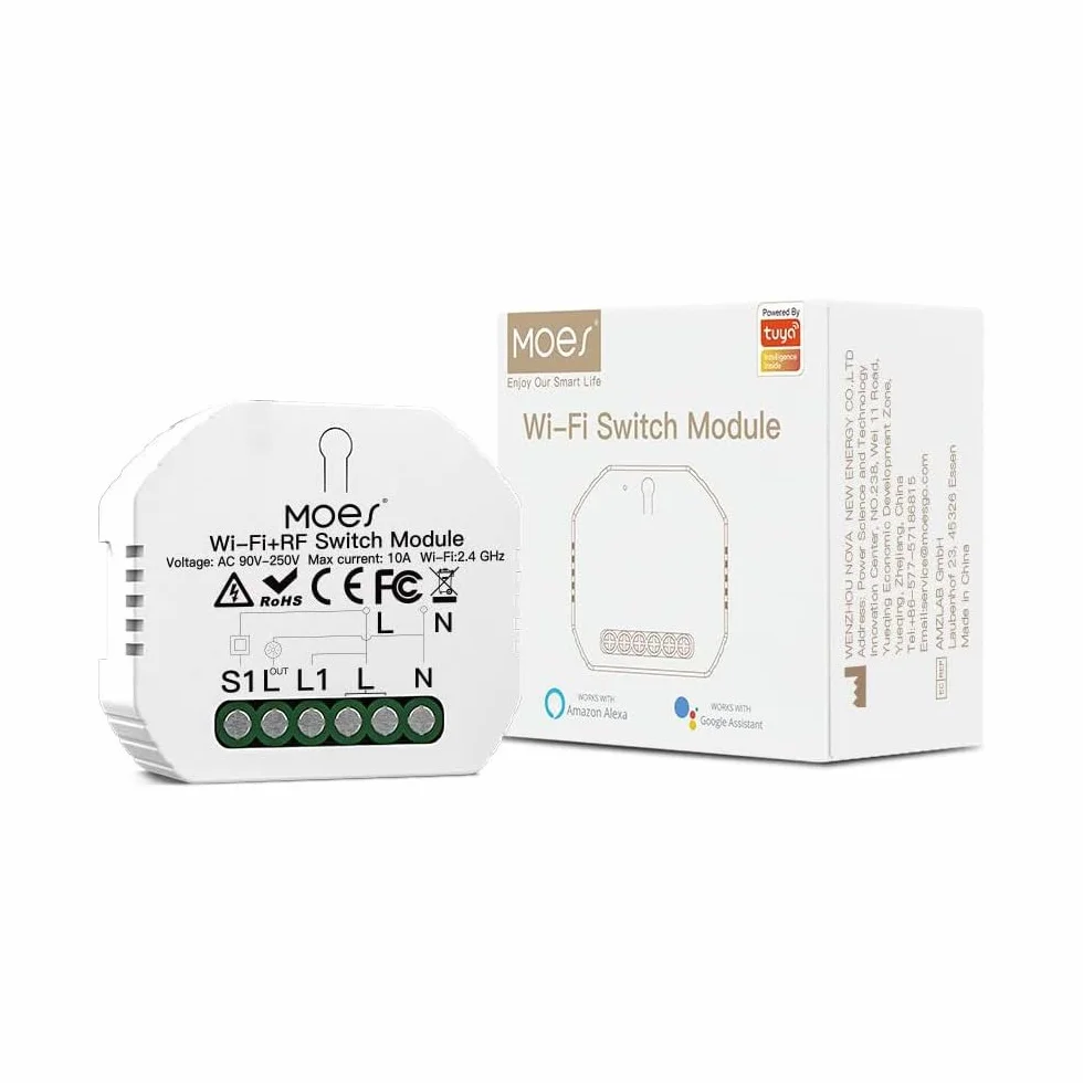 MOES Interruptor Wifi Inteligente conmutador Inalambrico Rele Módulo Alexa Control Remoto, compatible con la app Smart Life/Tuya, Control de voz Alexa/Google Home, 1GANG